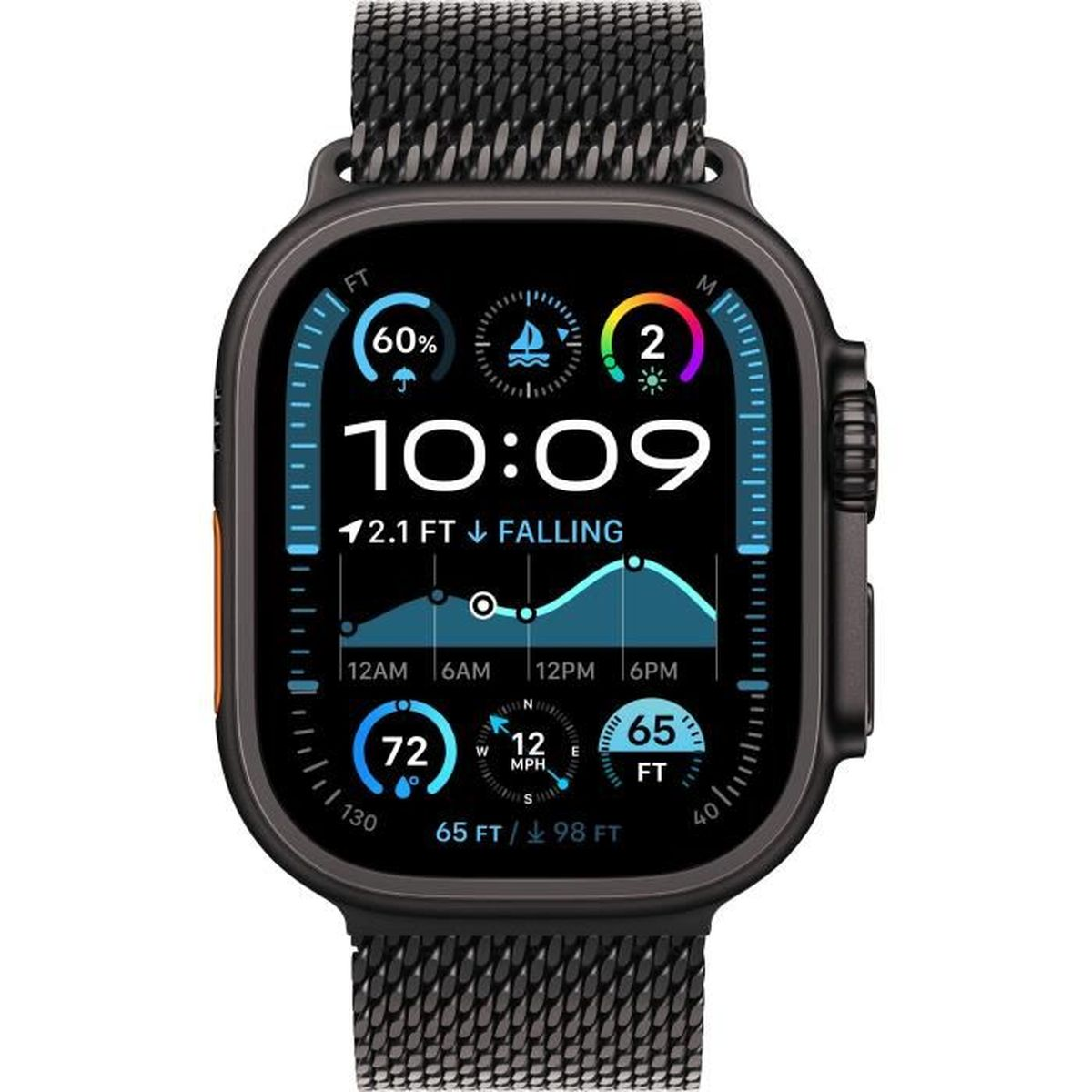 Schwarze Smartwatch mit schwarzem Armband, zeigt verschiedene Fitness-Metriken.