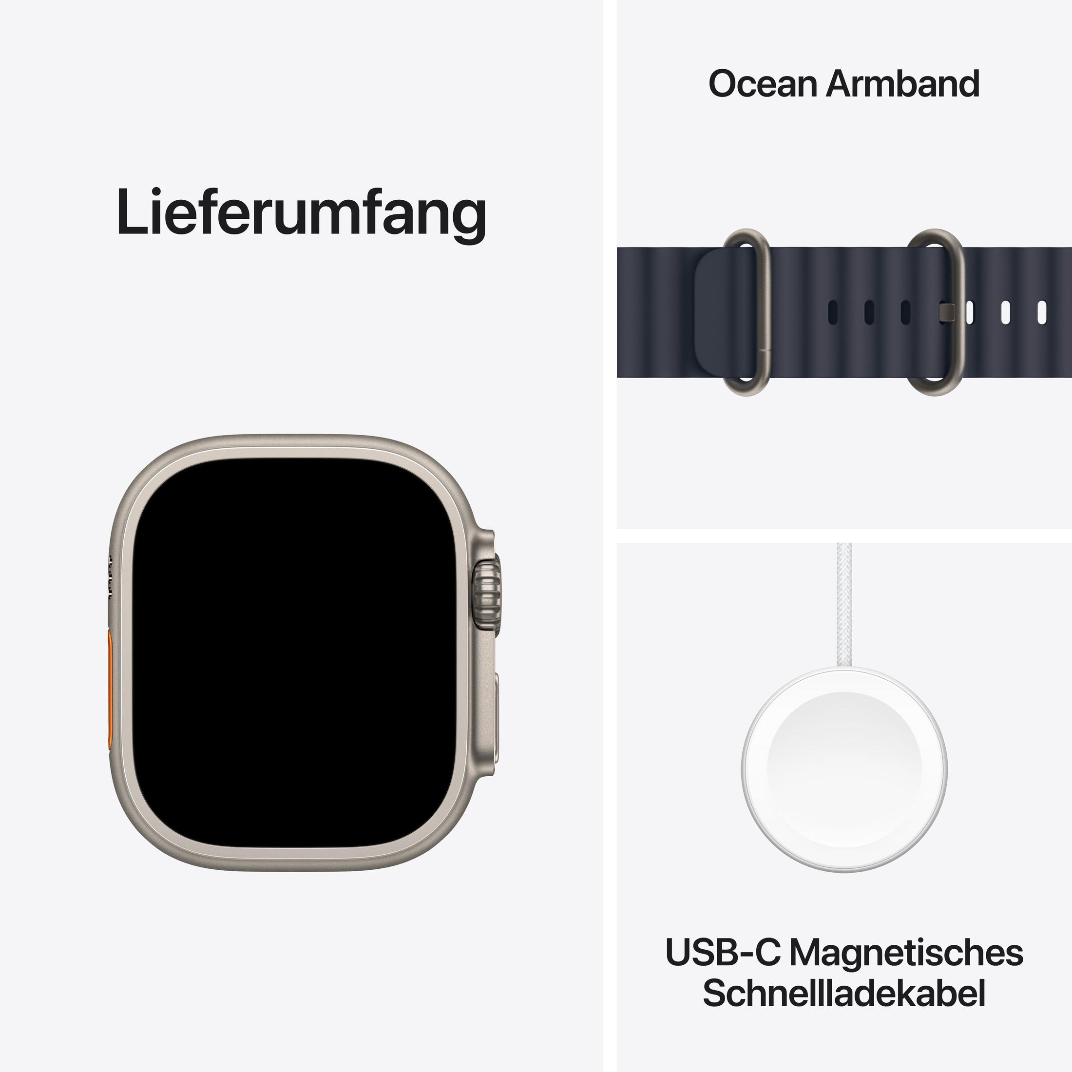 Apple Watch with ocean armband and USB-C magnetic fast charging cable, all on white background.