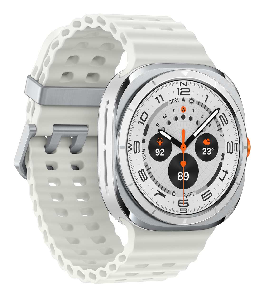 Uno smartwatch argentato con cinturino bianco. Il quadrante mostra l'ora e informazioni sulla salute.