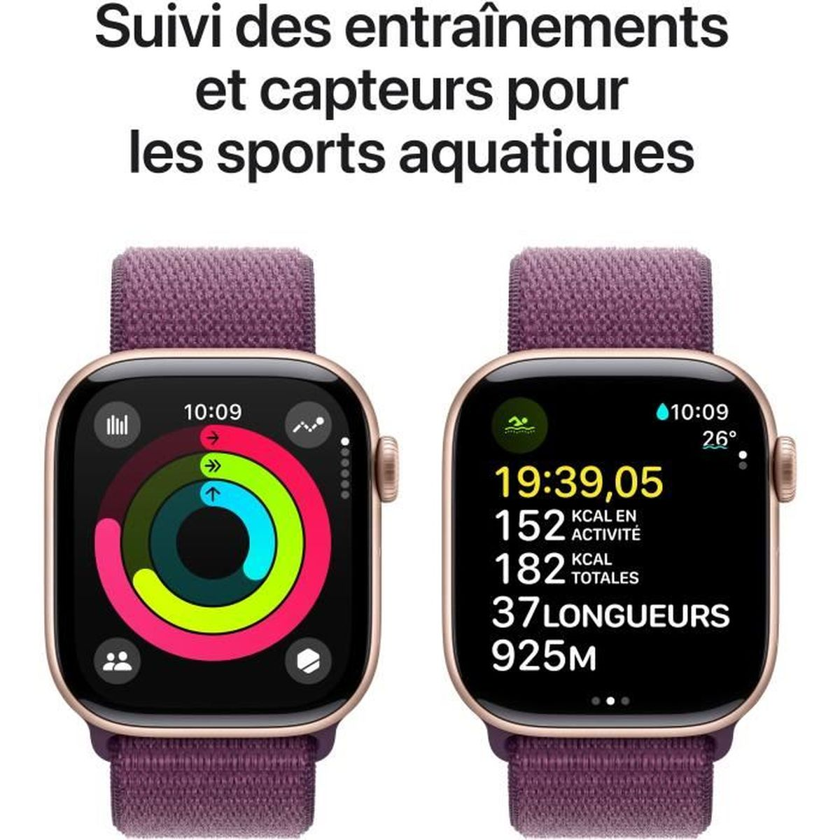 Zwei Apple Watches zeigen Trainingsdaten, eine Aktivitätsringe, andere Wassersportarten.