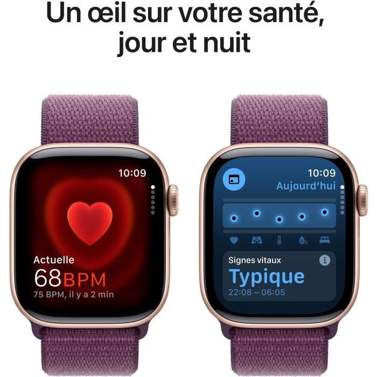 Zwei Smartwatches nebeneinander. Herzfrequenz und Gesundheitsdaten werden auf den Bildschirmen angezeigt. Text oben. Weißer Hintergrund.