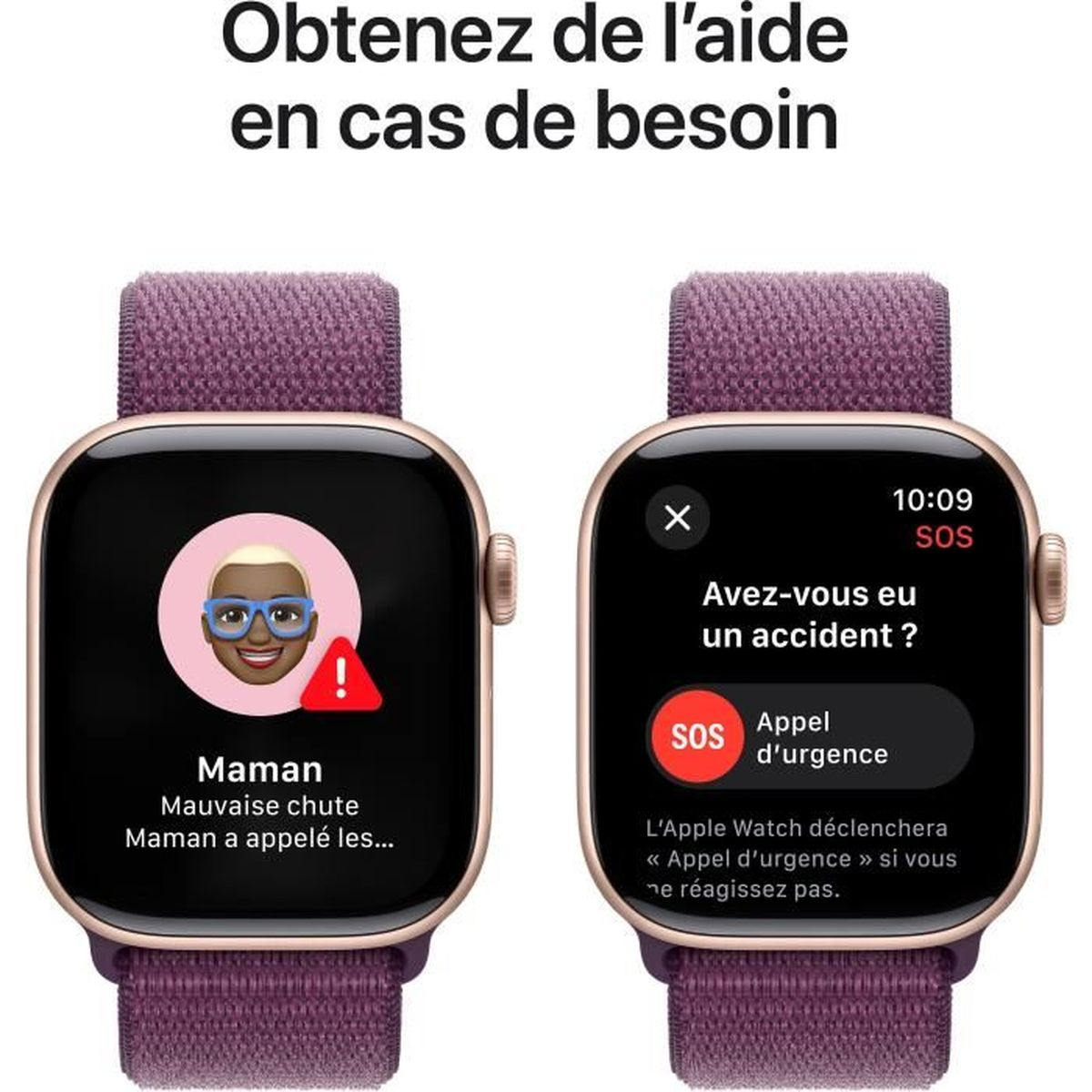 Zwei Apple Watch-Anzeigen mit Notruf-SOS-Funktionen und Sturzerkennung.