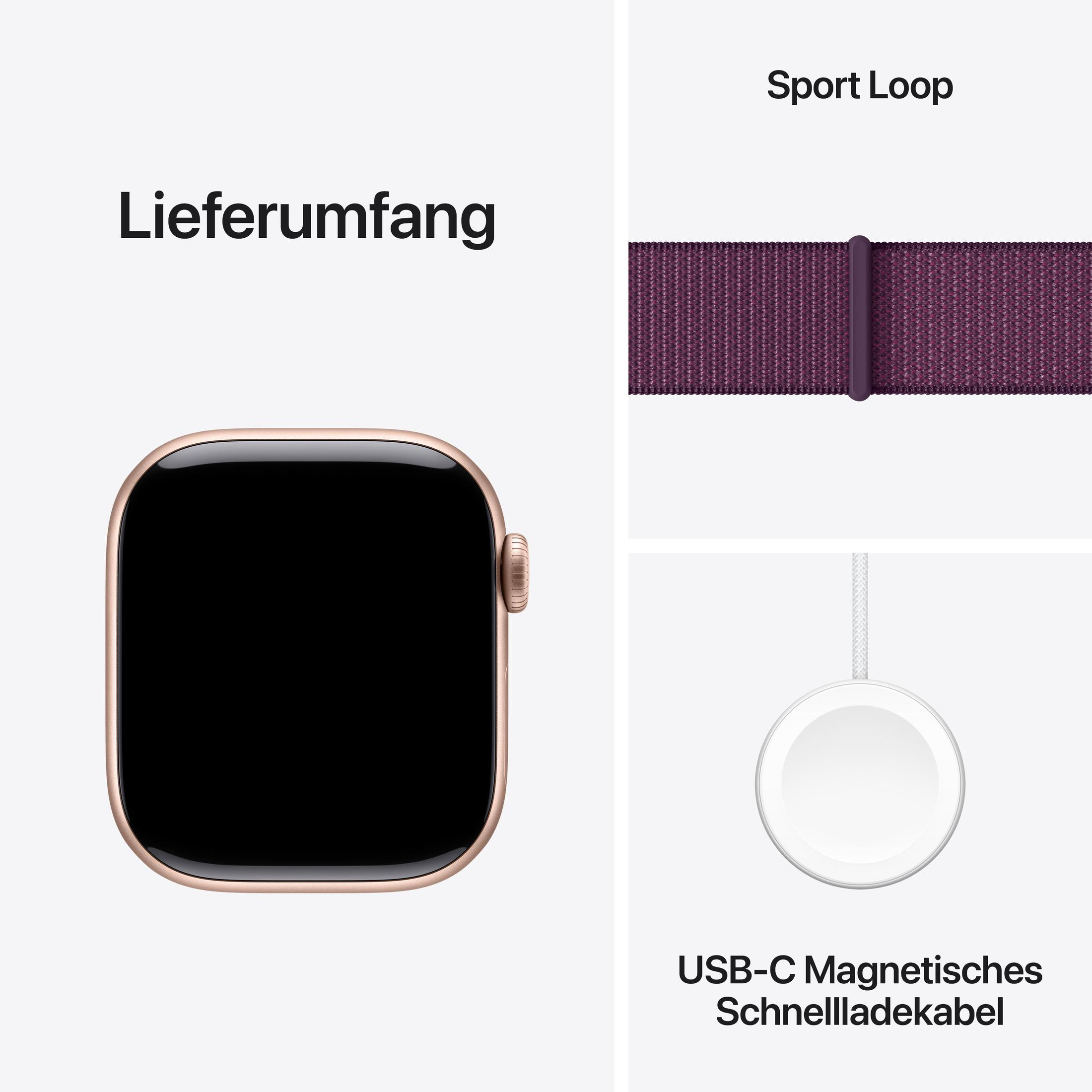 Złoty różowy Apple Watch, fioletowy pasek i ładowarka USB-C. Tekst mówi 'Lieferumfang'.