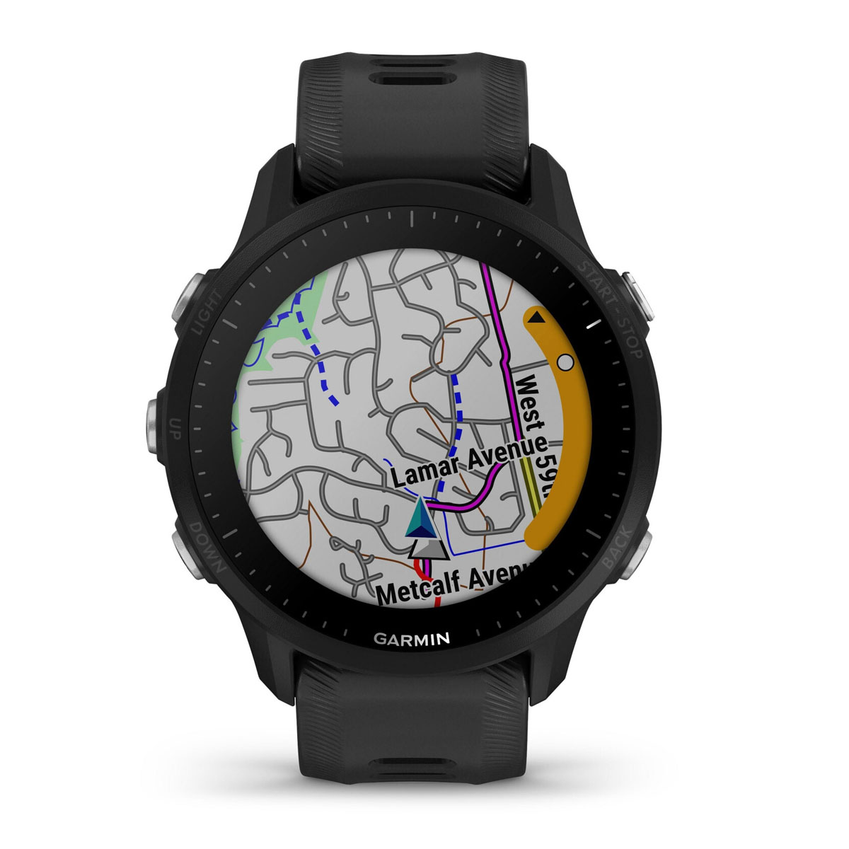 Czarny zegarek Garmin pokazuje mapę, z czarnym paskiem. Przyciski są widoczne.