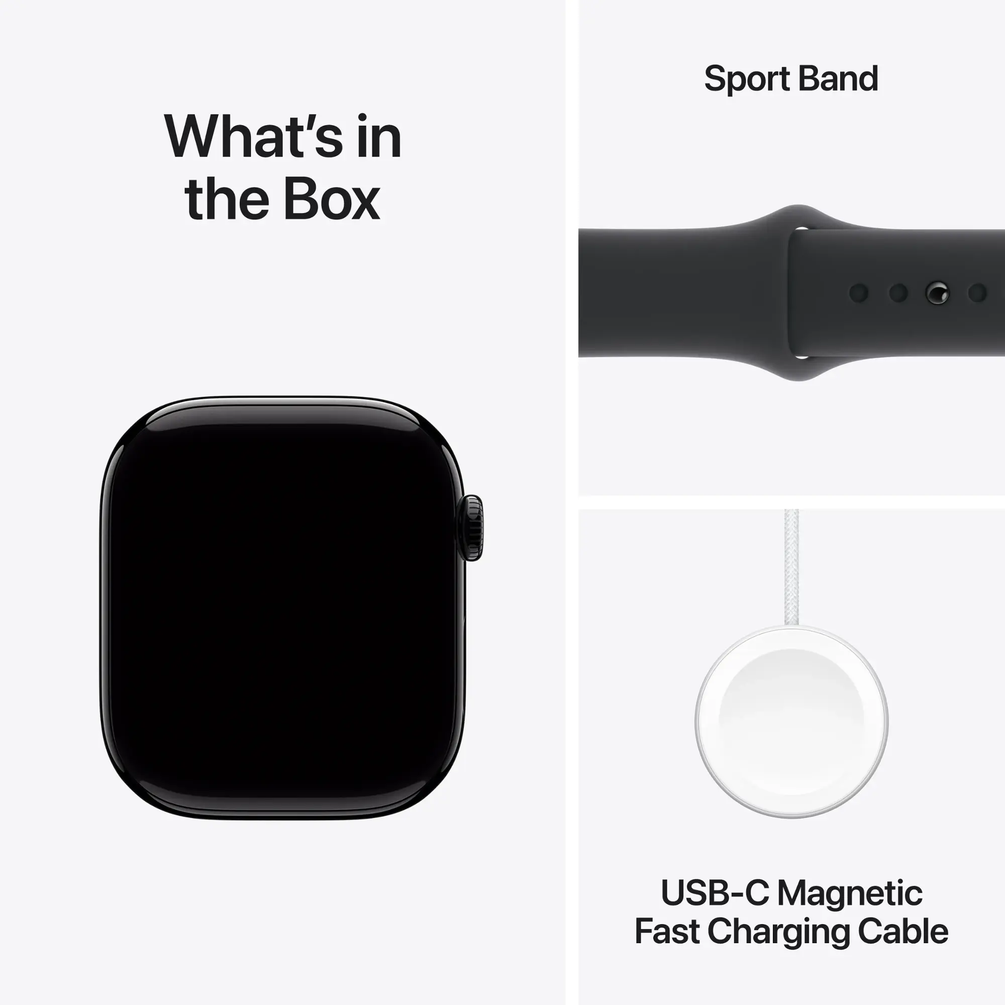 Czarny Apple Watch, czarny pasek sportowy i biały kabel do szybkiego ładowania USB-C na białym tle.