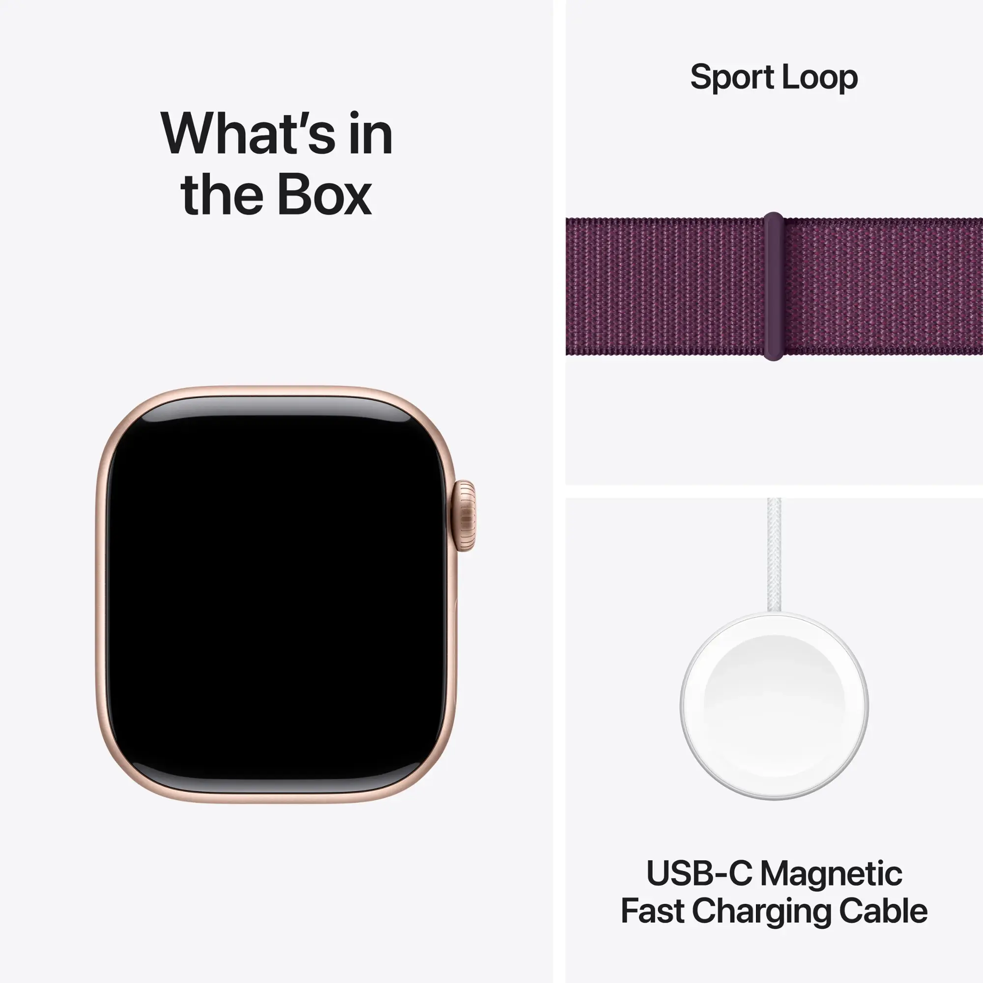 Różowo-złoty Apple Watch, pasek Sport Loop i kabel USB-C w pudełku.
