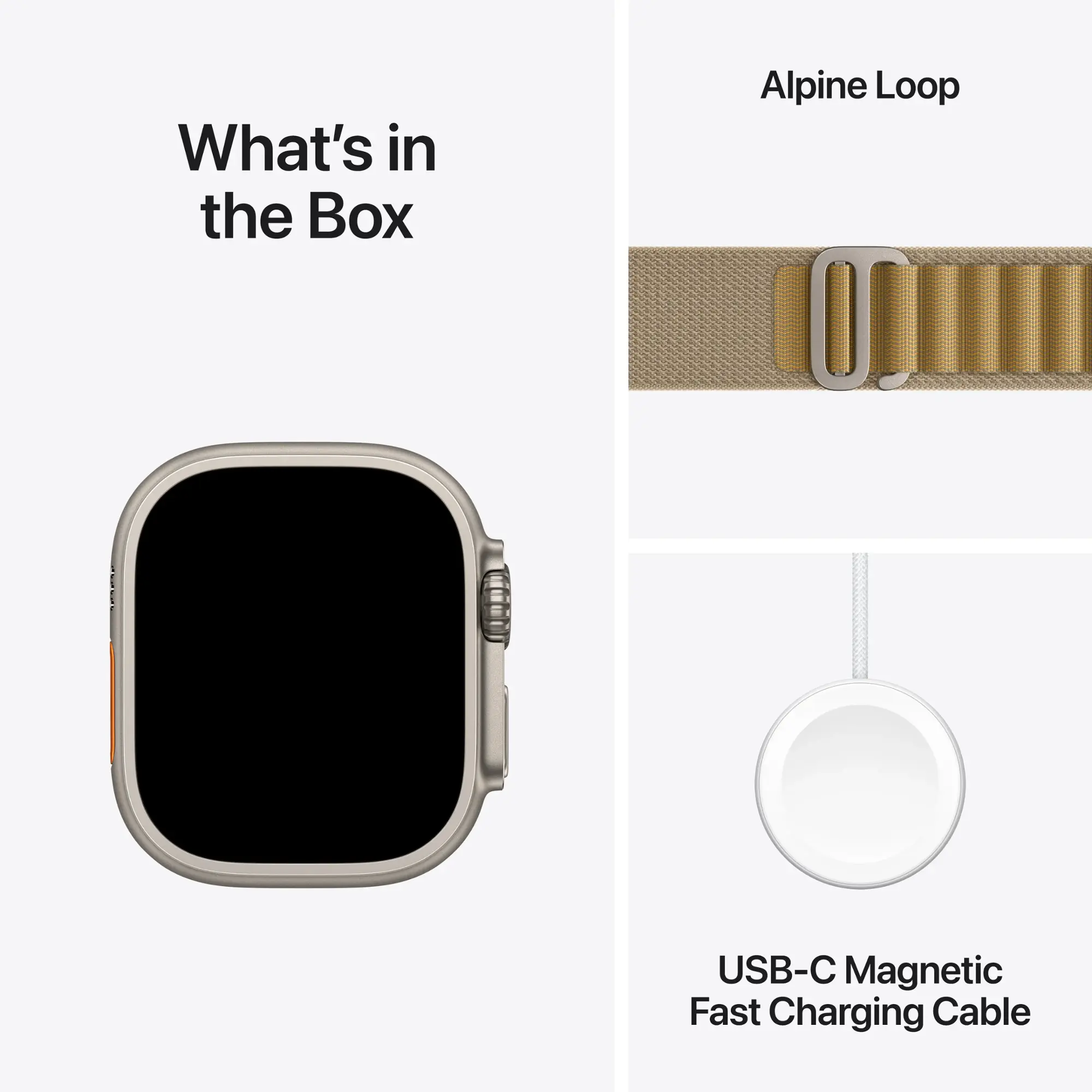 Apple Watch argento, cinturino Alpine Loop e cavo USB-C in una scatola.