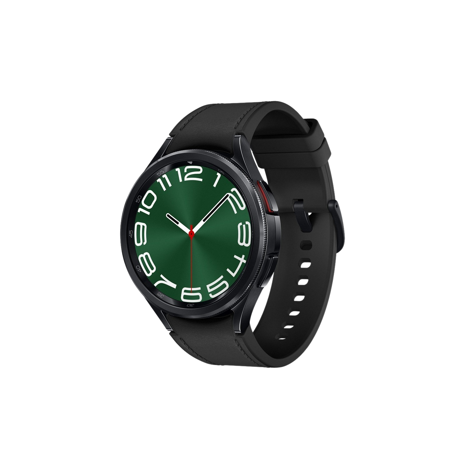 Zwart horloge met groene wijzerplaat en zwarte leren band. Toont tijd en getallen.