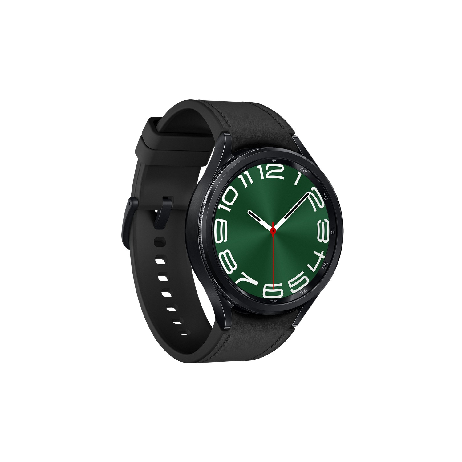 Zwarte smartwatch met zwarte leren band, groene wijzerplaat met witte cijfers.