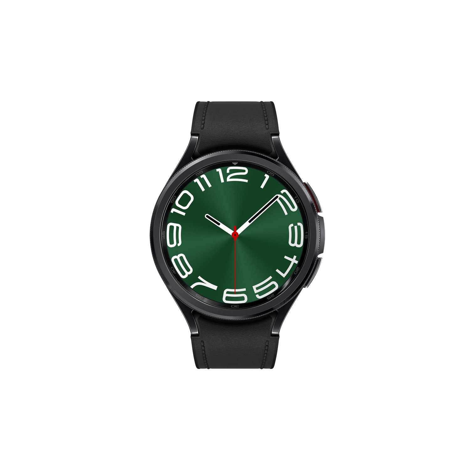 Zwarte smartwatch met groene wijzerplaat en zwarte band, toont de tijd en digitale cijfers.