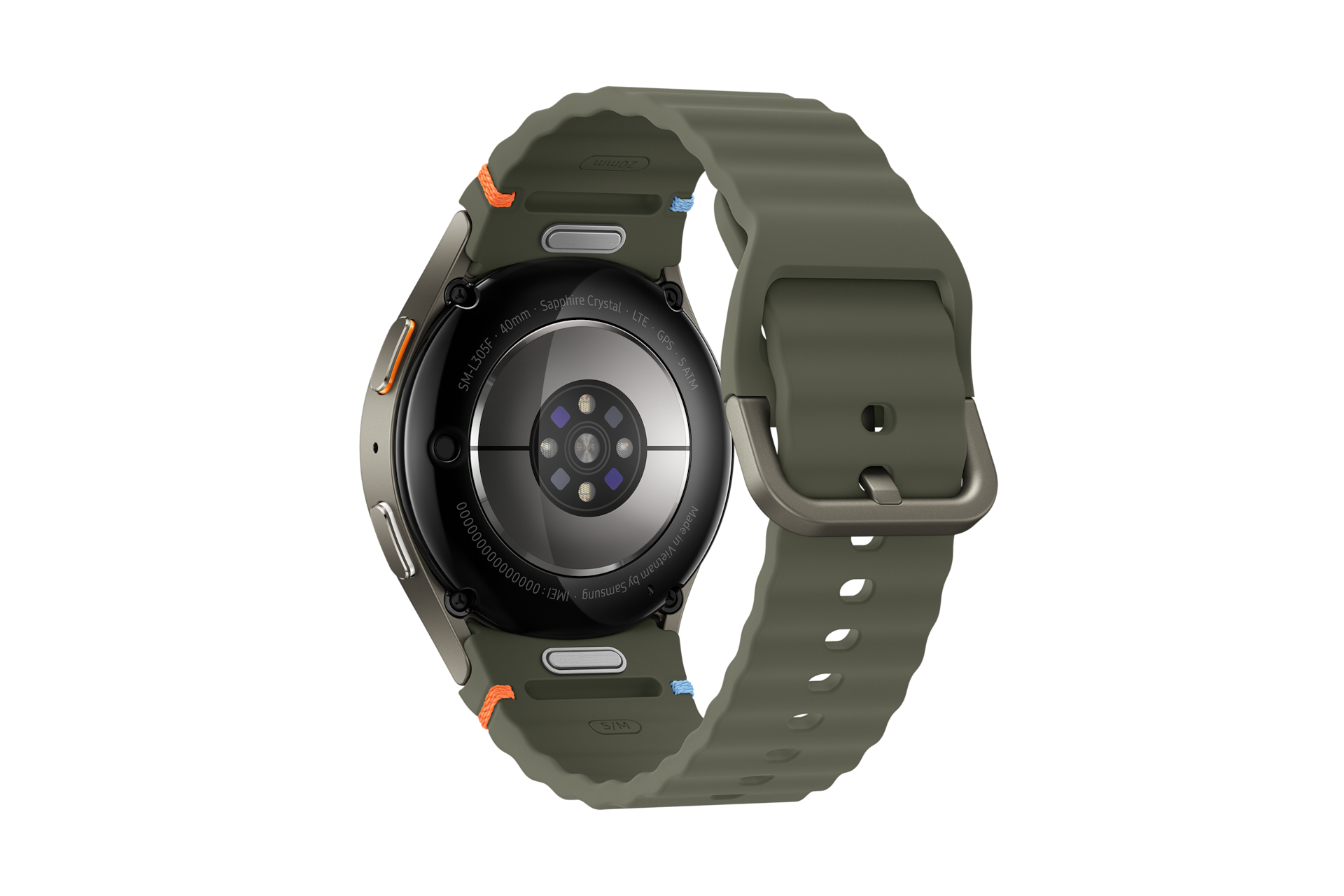 Rückseite einer dunkelgrünen Smartwatch mit dunkelgrünem Armband, isoliert auf weiß, Sensoren sichtbar.
