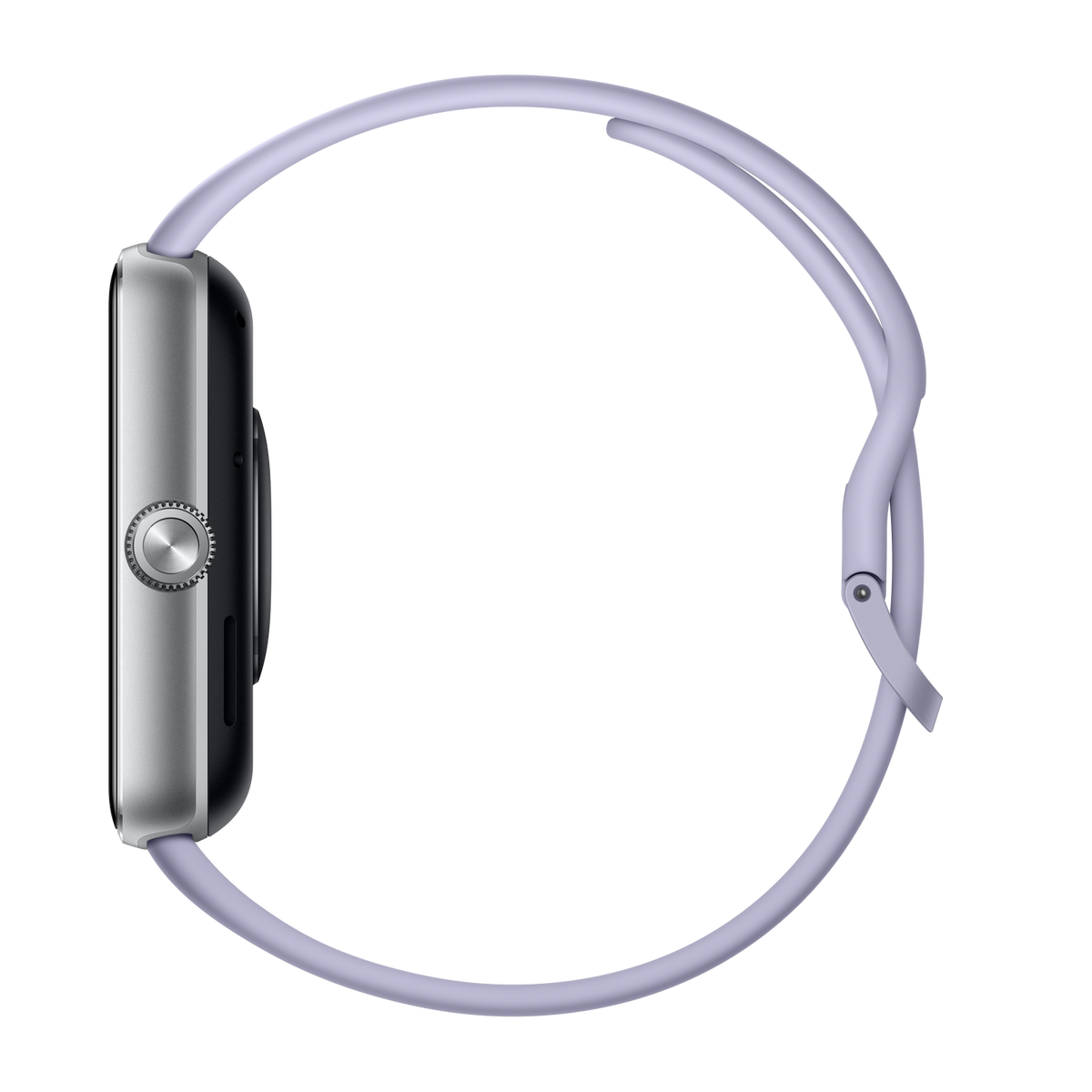 Widok z boku smartwatcha ze srebrną kopertą i liliowym paskiem.