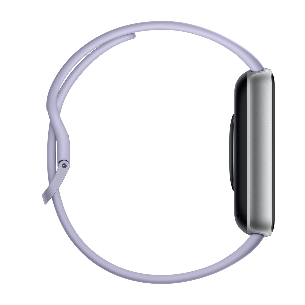 Widok z boku smartwatcha z fioletowym paskiem, czarny ekran.