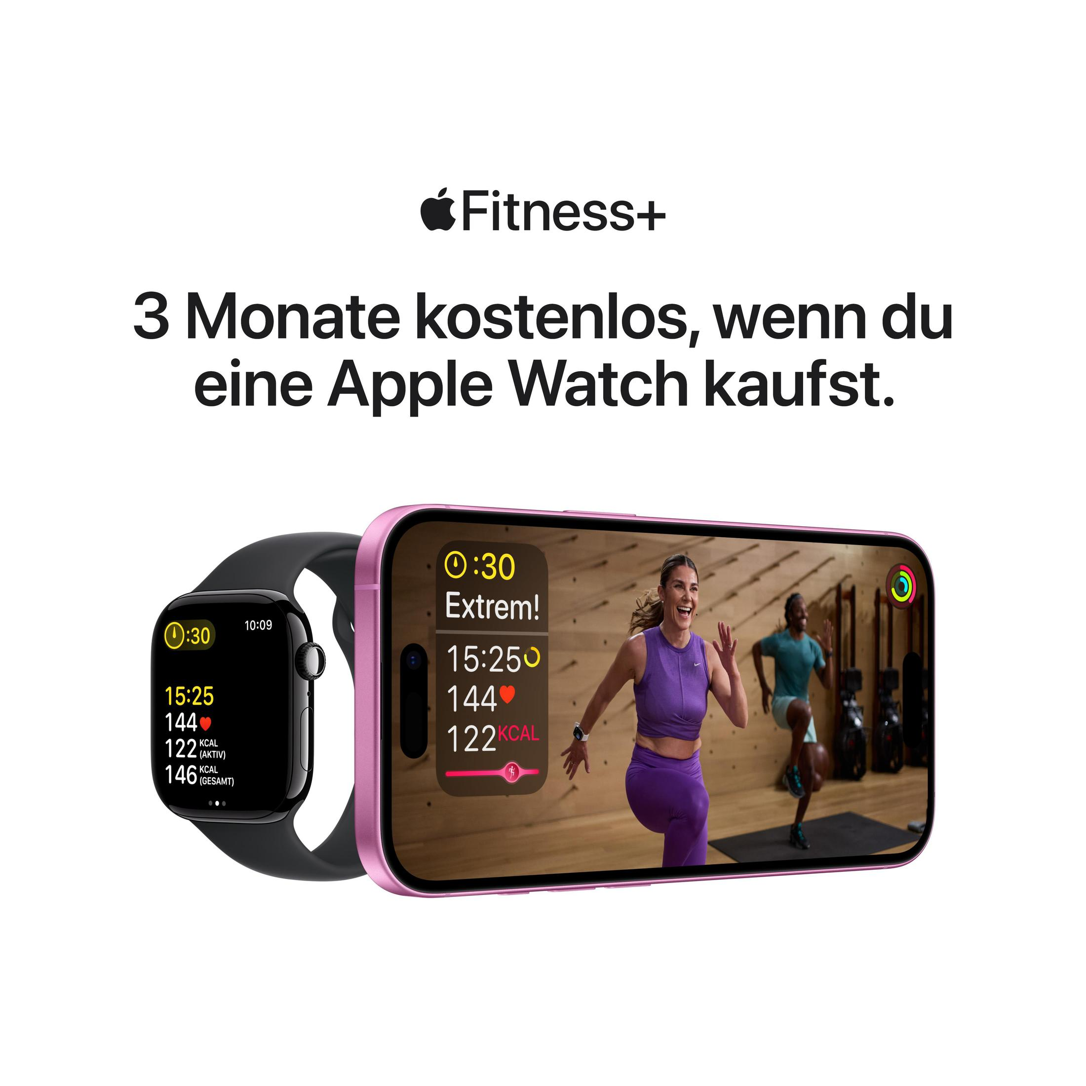 Apple Watch i iPhone pokazujące dane fitness. Tekst Fitness+ i oferta 3 miesięcy gratis.