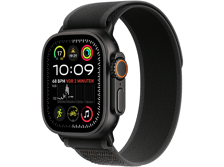 APPLE ULTRA2 49 BLACK BLACK TRAIL S/M Smartwatch Titangehäuse Nylon, 130 - 180 mm, Schwarz