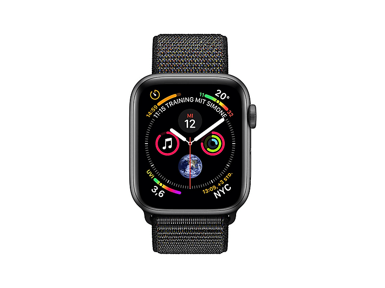 APPLE S4 GPS+CELL 44MM SPACE GREY ALU BLACK SPORT LOOP Smartwatch Aluminium gewebtes Nylon, 140-210 mm, Armband: Schwarz, Gehäuse: Dunkelgrau