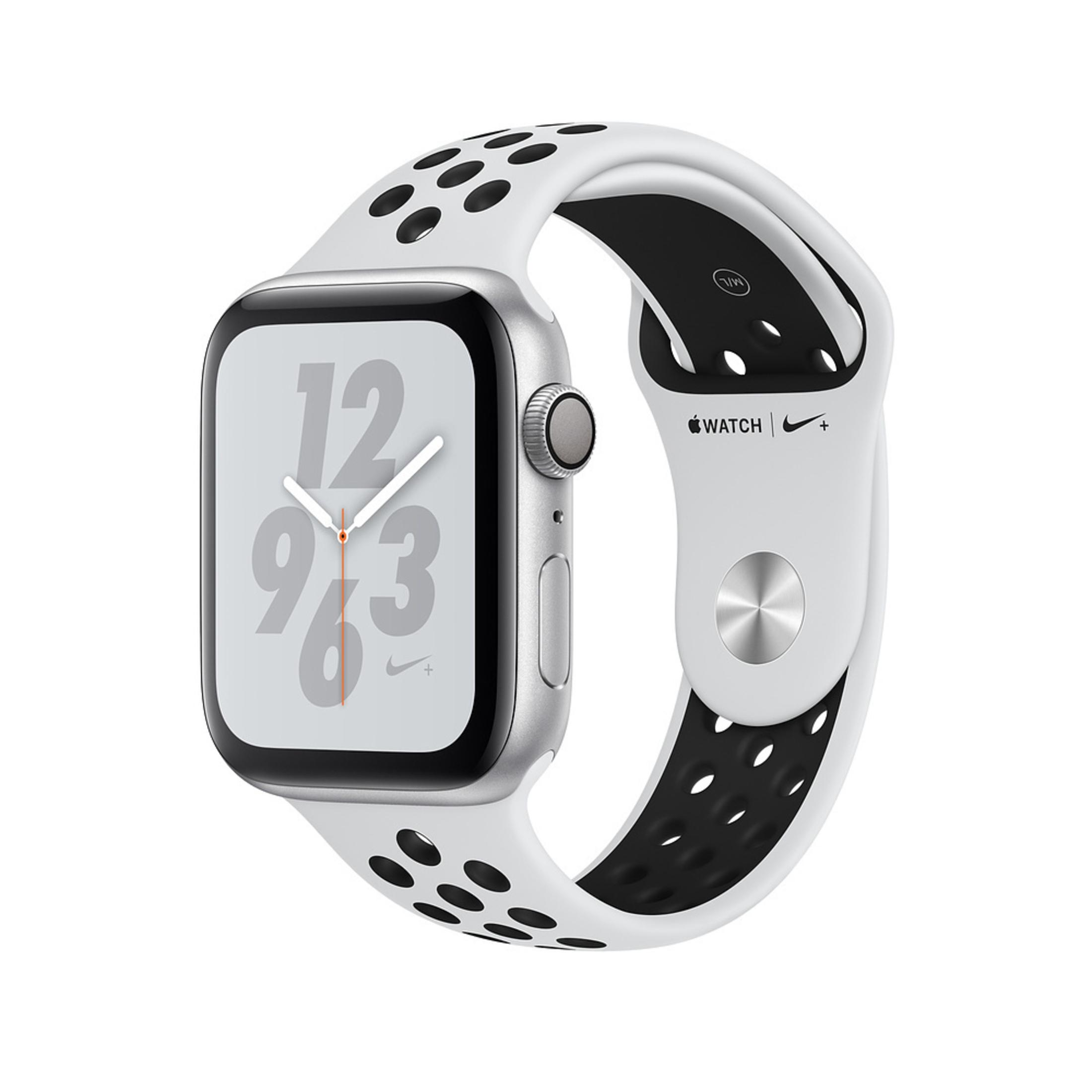 Silberne Uhr mit weiß-schwarzem Armband. Das Zifferblatt zeigt Zeit und Nike-Logo.
