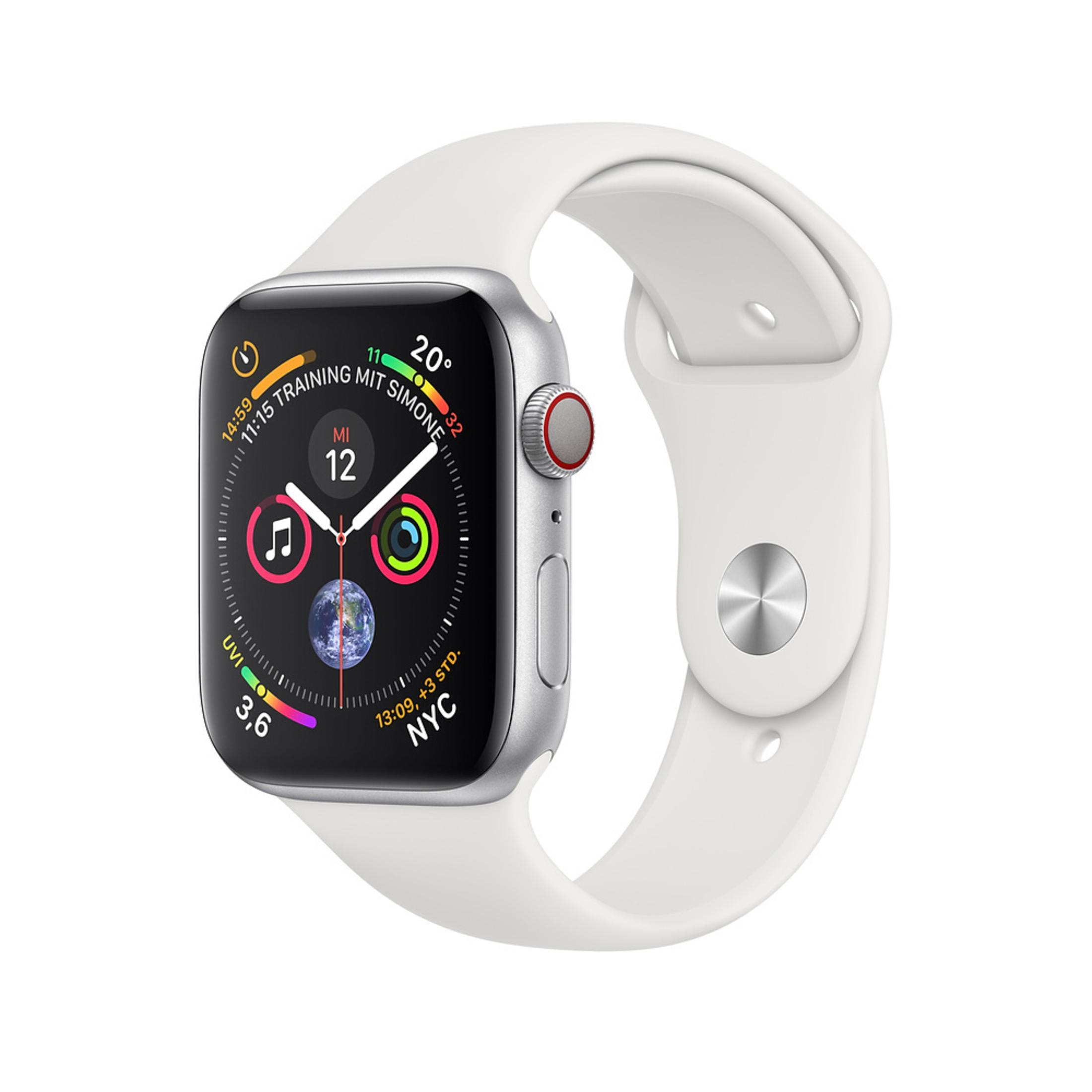 Silberne Apple Watch mit weißem Armband, farbiges Ziffernblatt, Zeit.