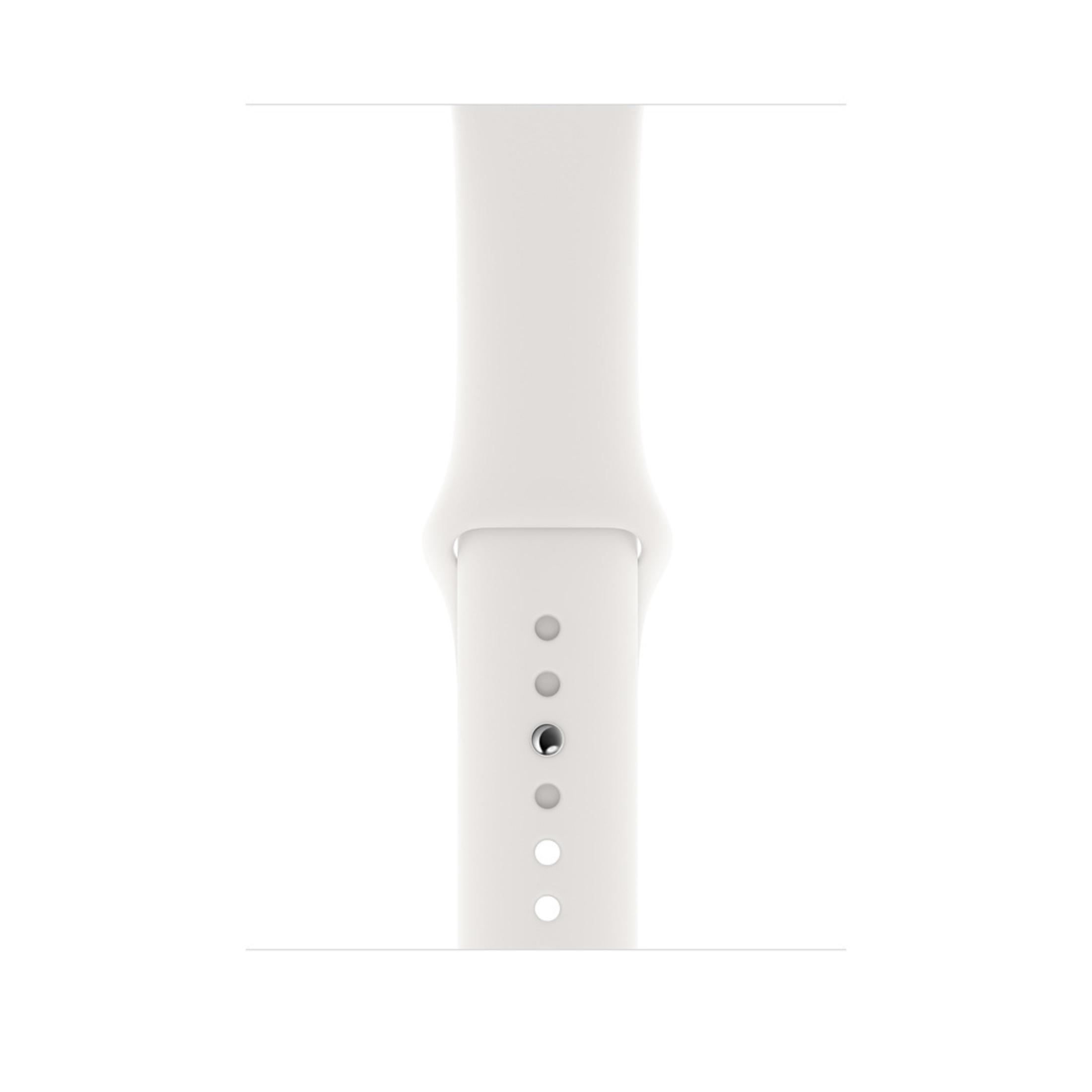Weißes Uhrenarmband. Einfach, aus weißem Material. Mehrere Löcher sind sichtbar.