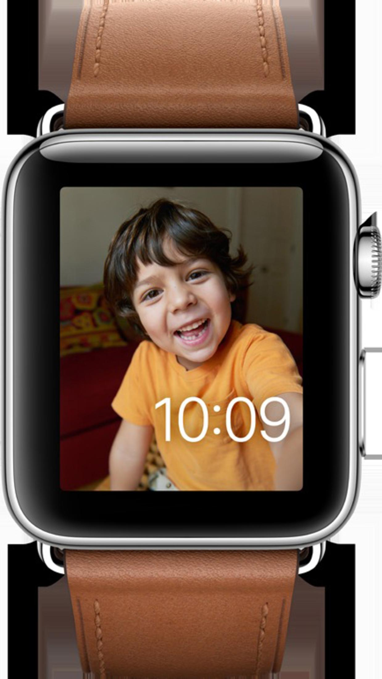 Smartwatch mit Foto eines lächelnden Kindes auf dem Bildschirm. Lederarmband.