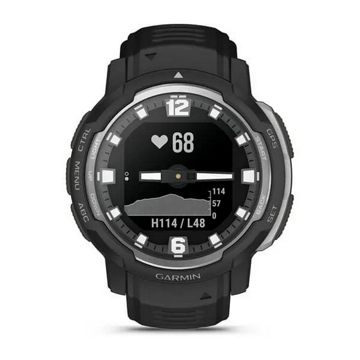 Czarny smartwatch Garmin wyświetlający tętno, czas i dane fitness na białym tle.