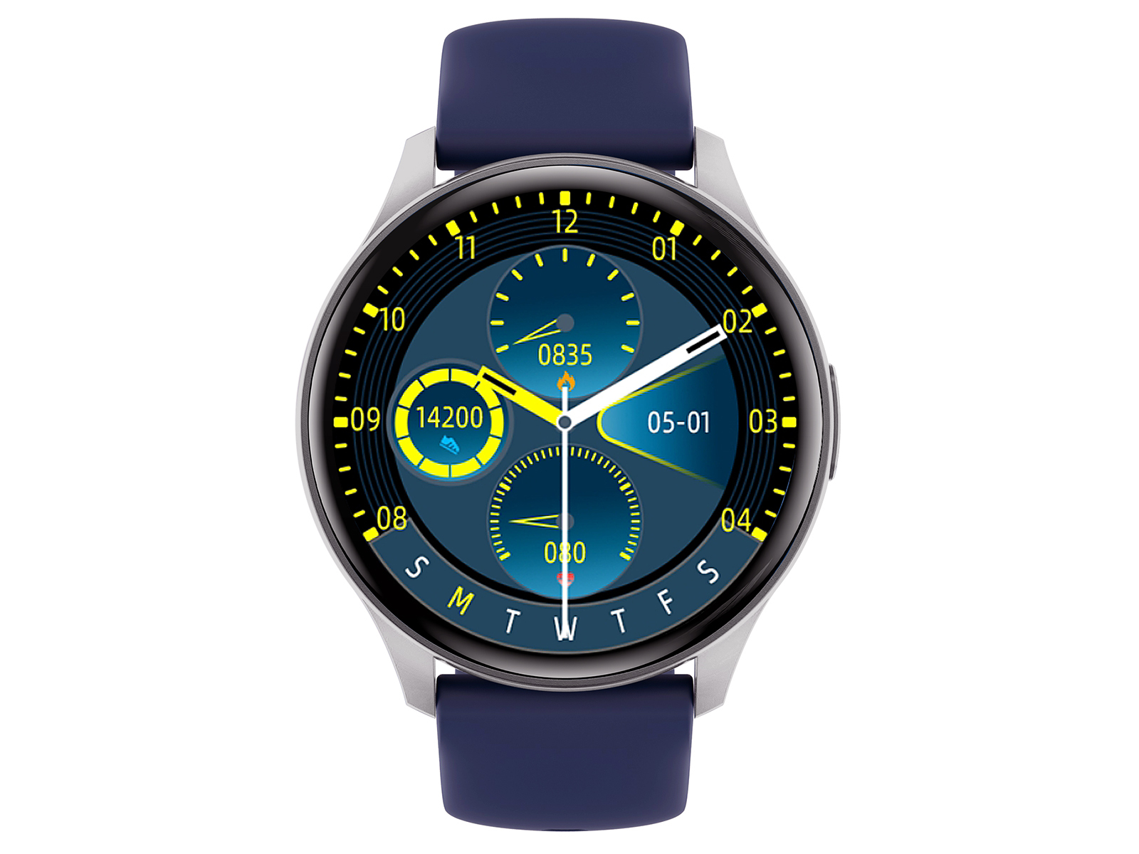 Smartwatch blu con cinturino blu. Il quadrante rotondo mostra l'ora e le metriche di salute. Cornice argentata.