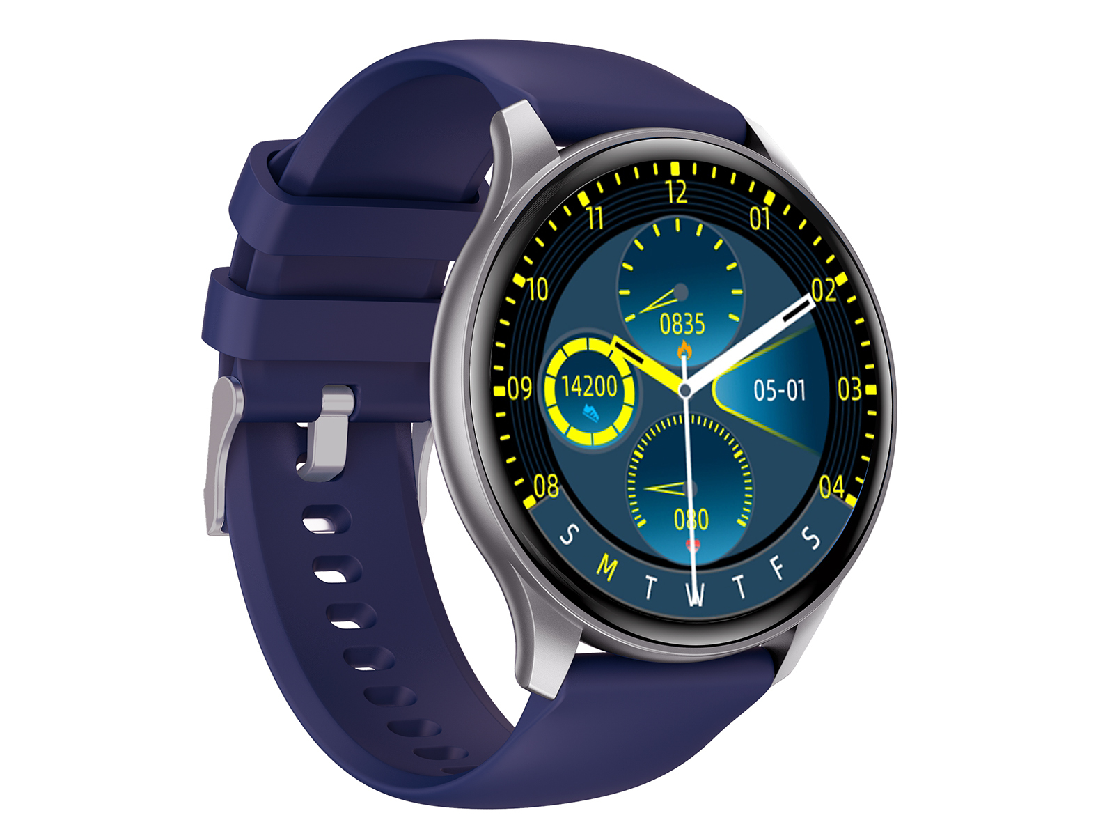 Smartwatch blu con cinturino blu, mostra ora e dati fitness su sfondo bianco.