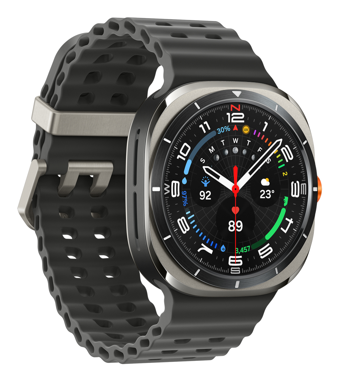 Smartwatch con lunetta argentata, quadrante nero che mostra ora, data, passi e metriche.