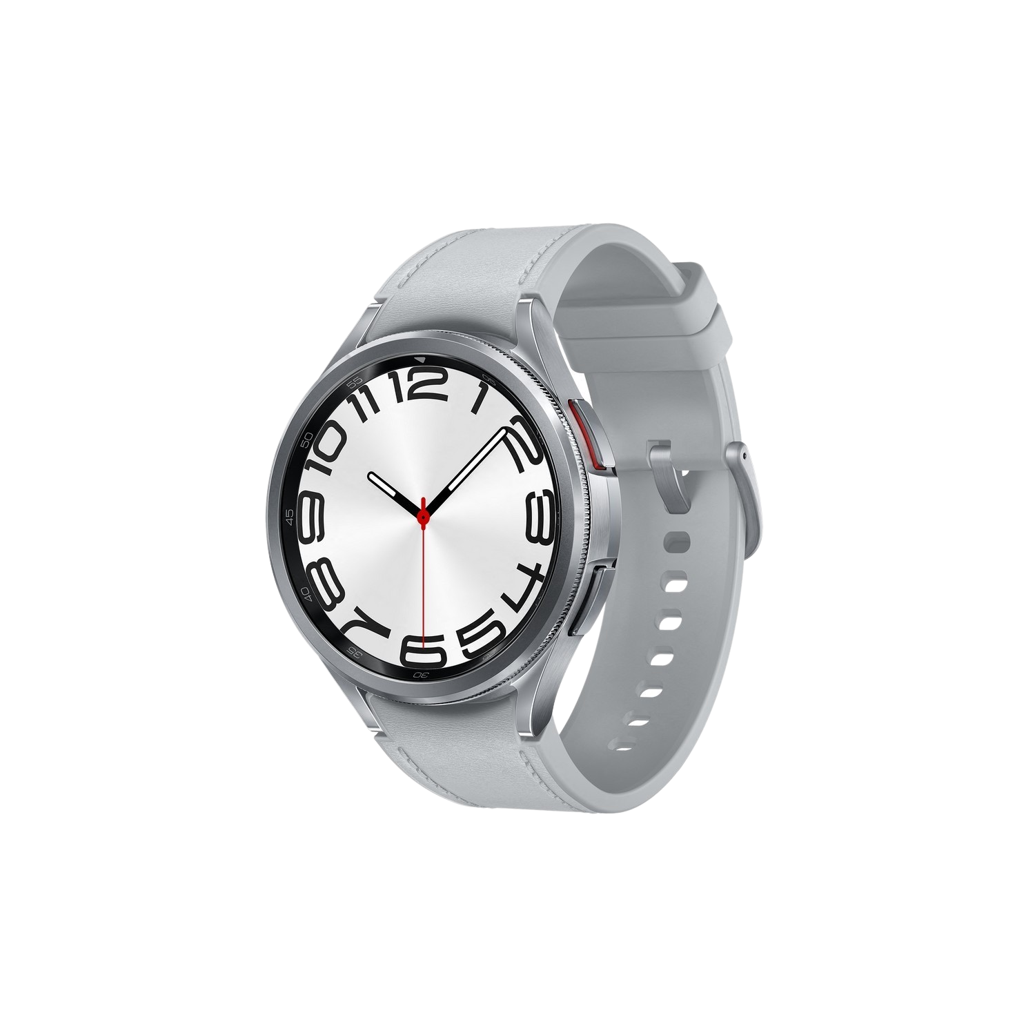 Smartwatch argento e grigio con cinturino bianco. Mostra l'ora e i numeri.