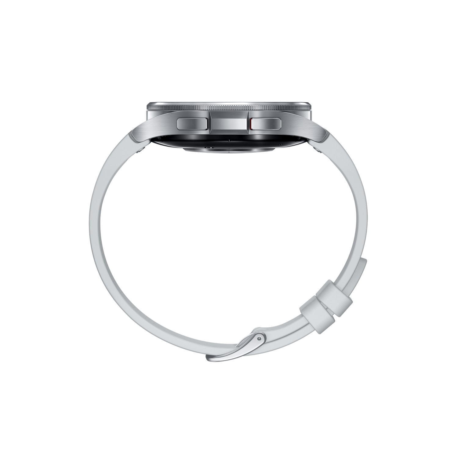 Vista laterale di uno smartwatch argento con cinturino bianco. Il cinturino è chiuso con fibbia.