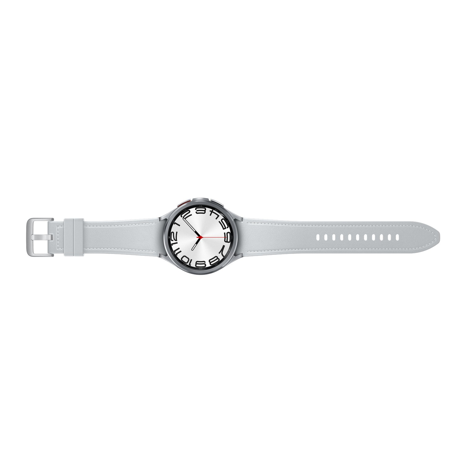 Smartwatch argentato con cinturino grigio chiaro. Lo sfondo è bianco.