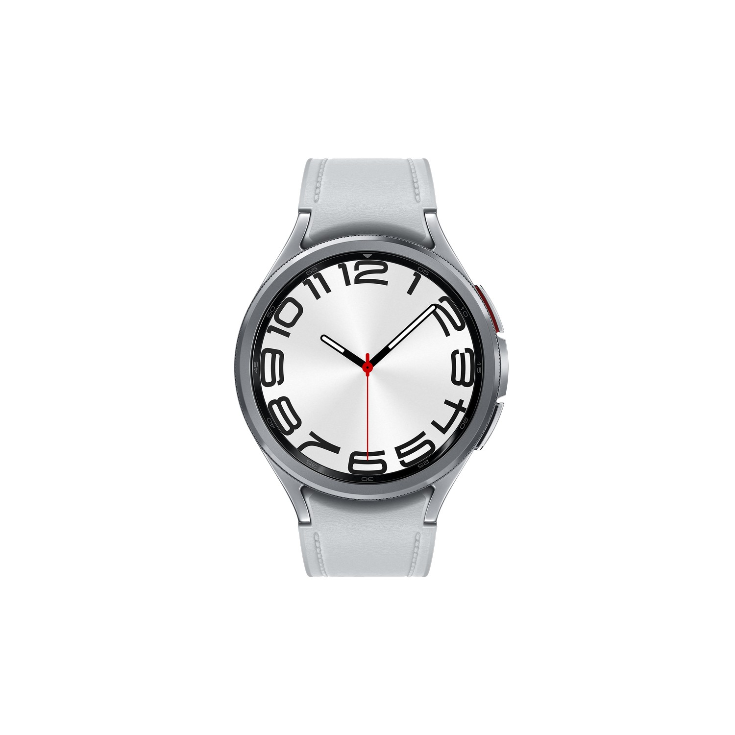 Smartwatch argentato con quadrante bianco e cinturino grigio chiaro, sfondo bianco.
