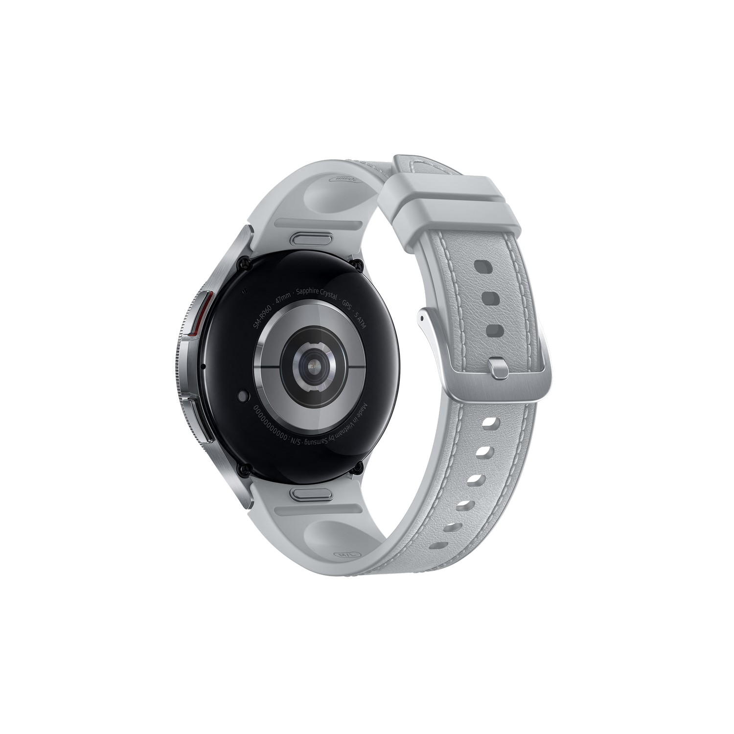Retro di smartwatch argentato con cinturino grigio. Visualizza sensori e informazioni. Sfondo bianco.