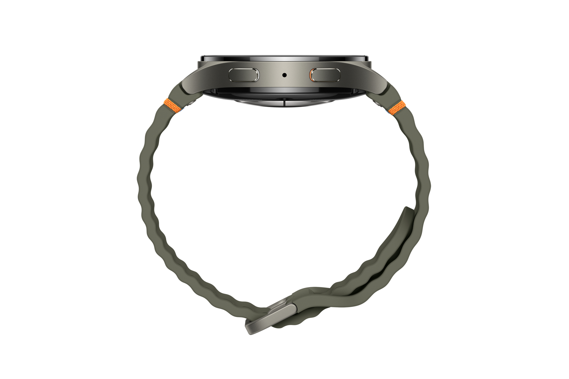 Smartwatch verde oliva con correa verde ondulada, vista de lado.