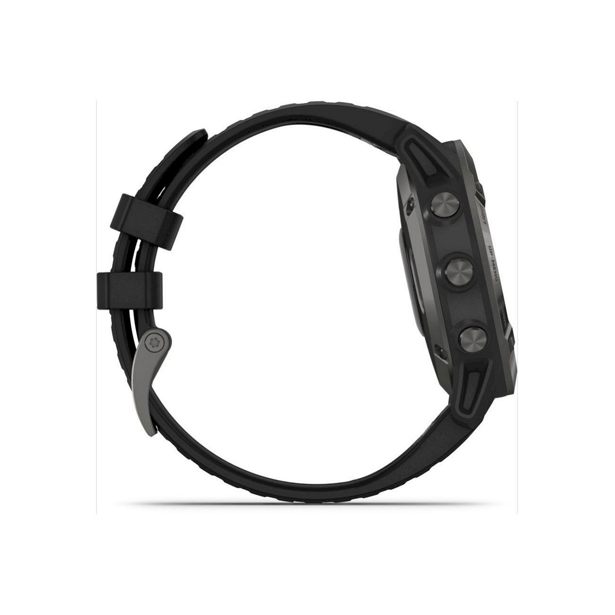 Seitenansicht einer schwarzen Smartwatch mit drei Knöpfen, schwarzem Armband, auf weißem Hintergrund.