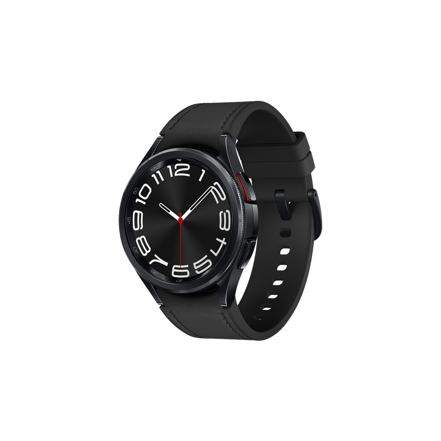Smartwatch nero con cinturino nero. L'orologio mostra l'ora. Sfondo nero.