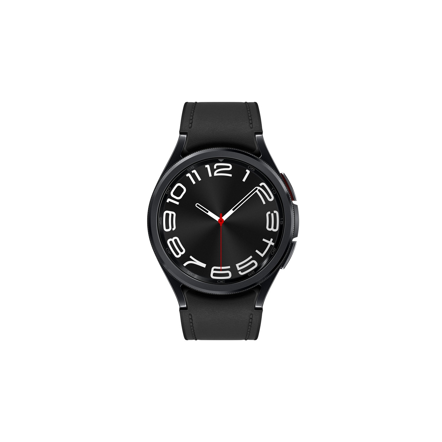 Smartwatch nero con numeri bianchi su quadrante nero, mostra l'ora.