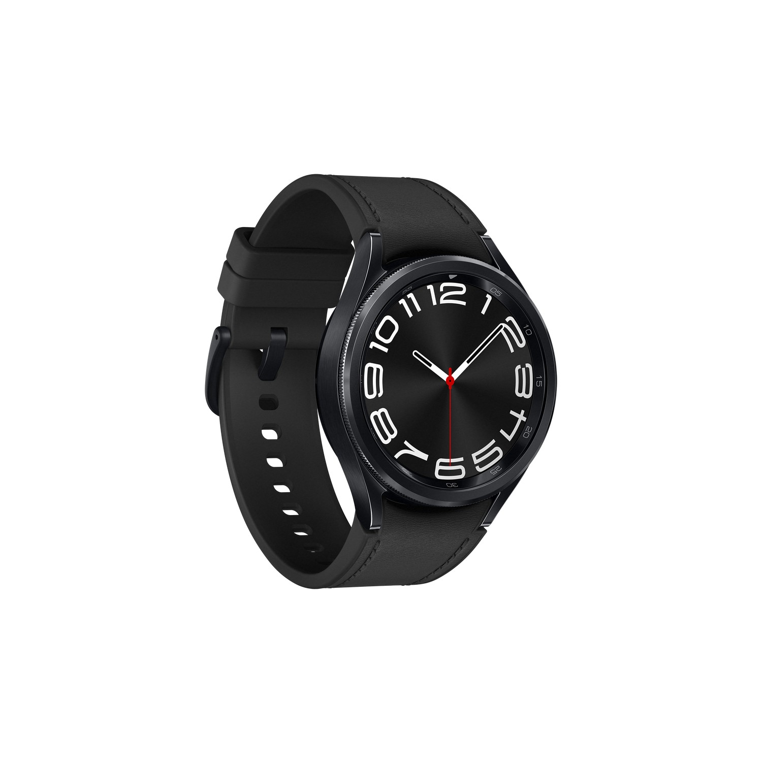 Smartwatch nero con cinturino in pelle nero, mostra display nero con numeri bianchi.