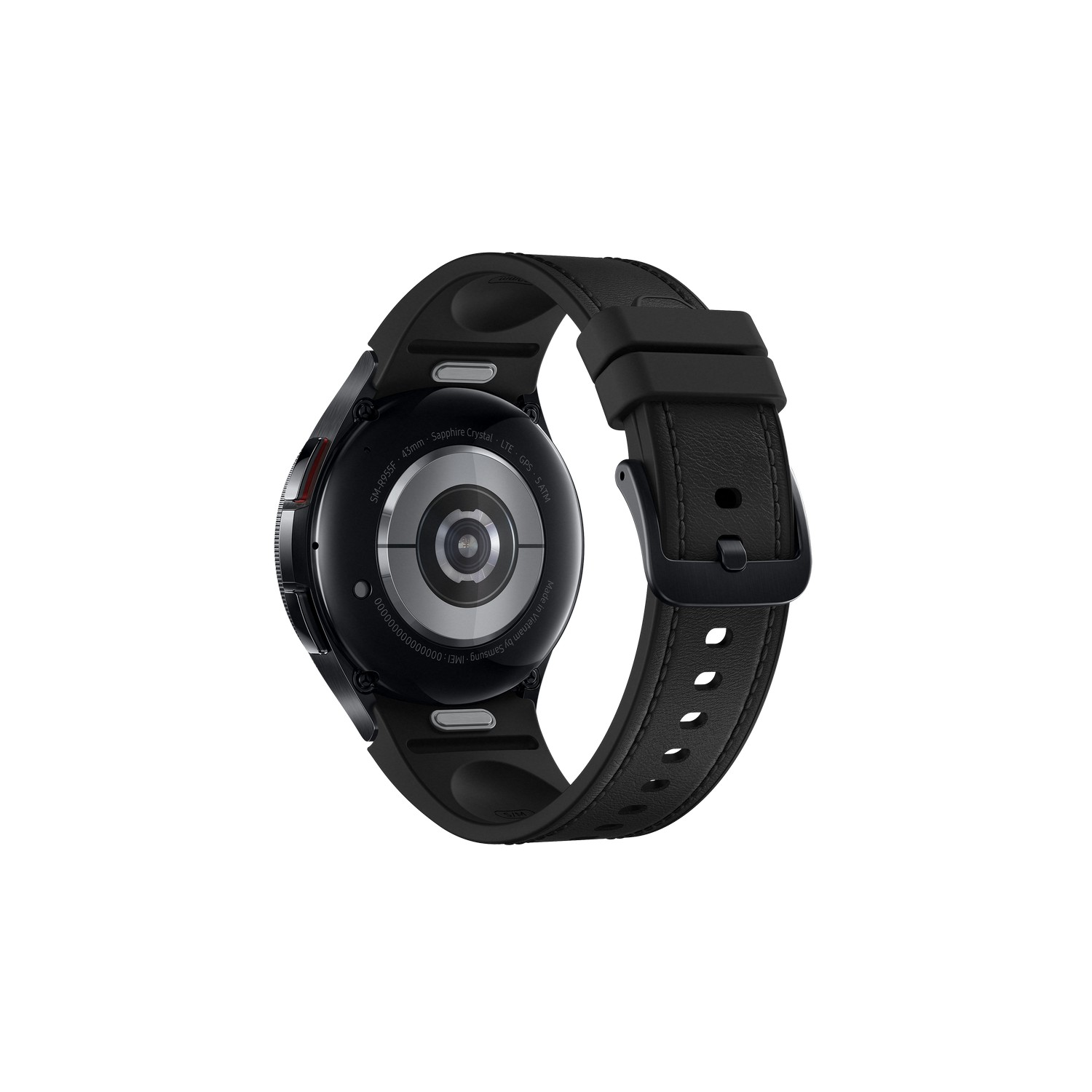 Smartwatch nero, vista posteriore, con cinturino in pelle nero.