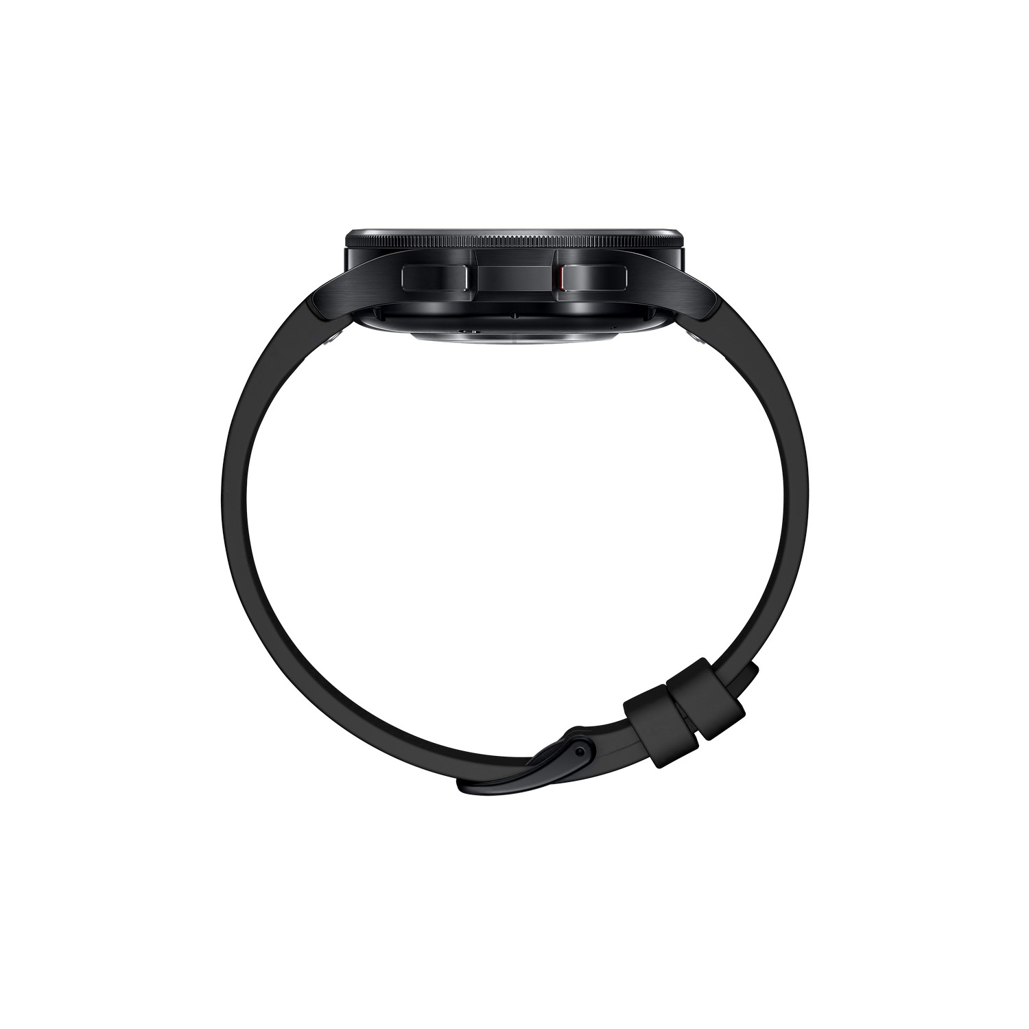 Smartwatch nero, vista laterale, con cinturino nero, mostra il design curvo dell'orologio.
