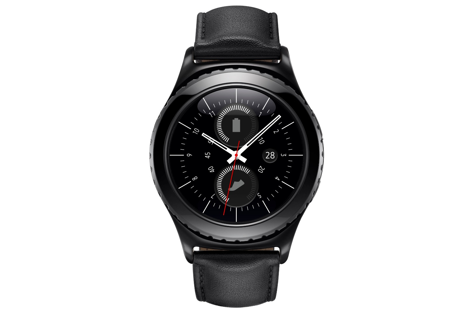 Schwarze Smartwatch mit schwarzem Lederarmband. Das Zifferblatt zeigt eine Uhr und andere Daten.