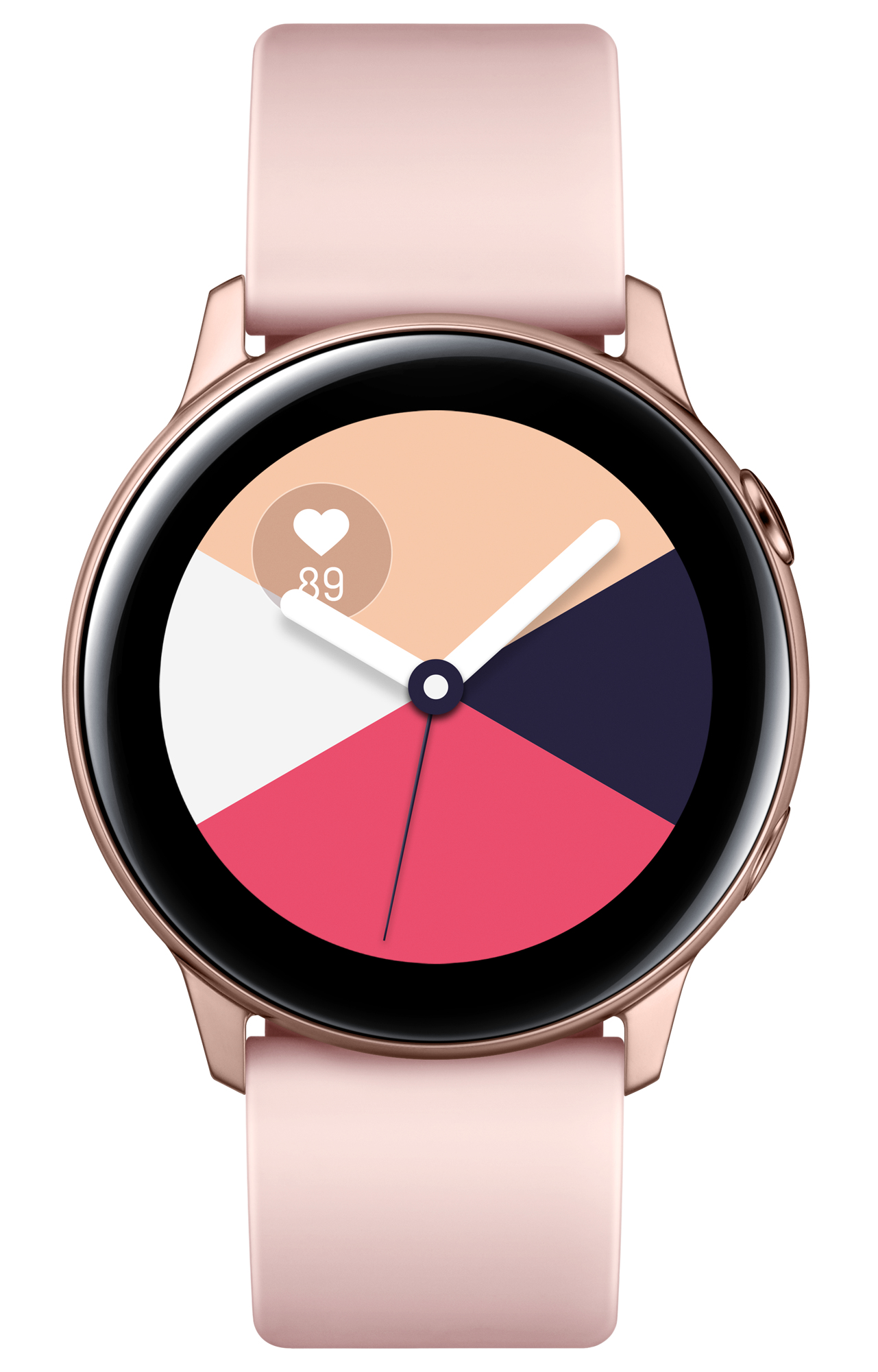 Roségoldene Smartwatch mit pinkfarbenem Armband. Der Bildschirm zeigt Herzfrequenz und Farbanzeige.