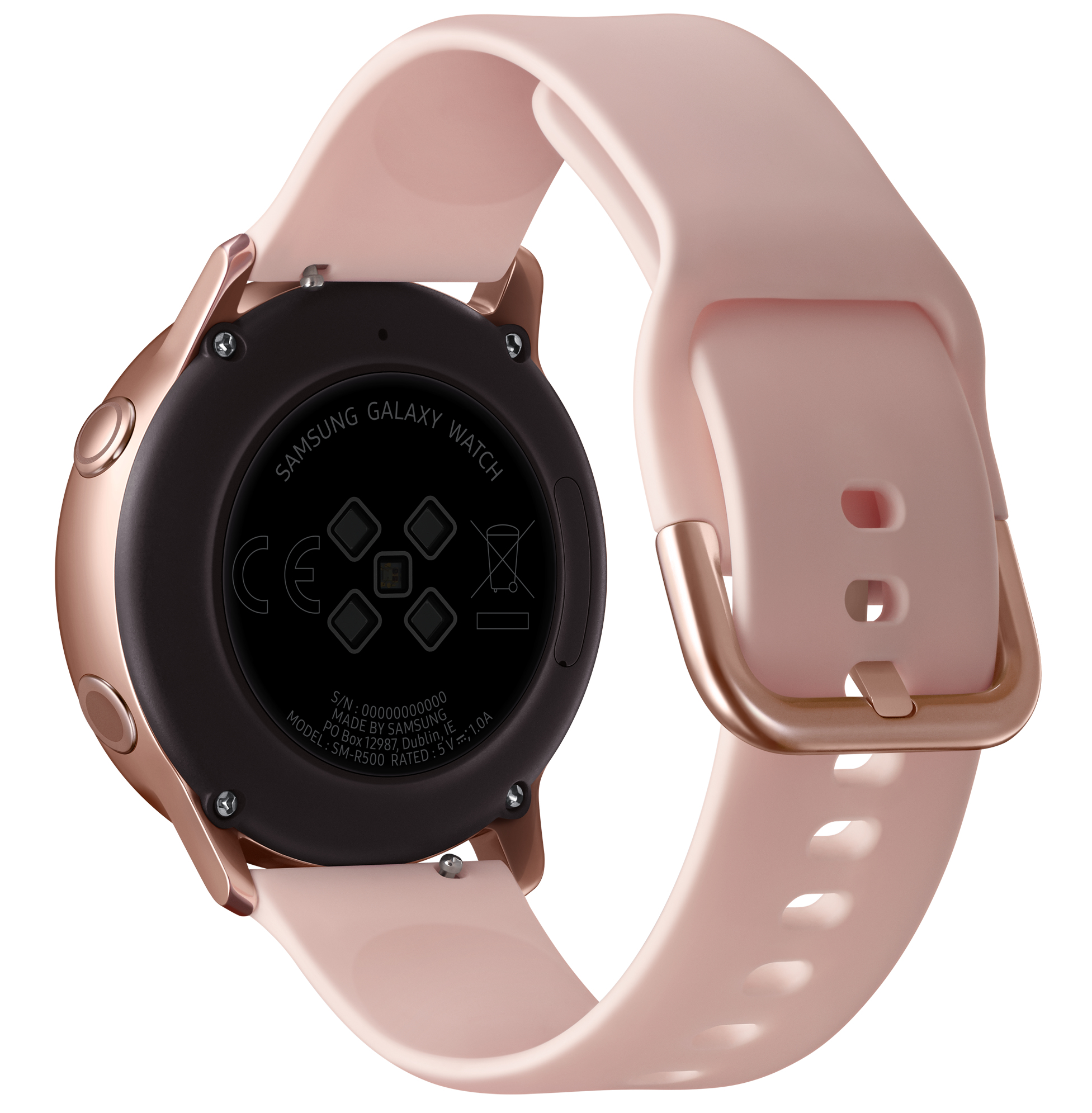 Roségoldene Smartwatch-Rückseite mit pinkfarbenem Armband. Zeigt Informationen an. Isoliert auf weißem Hintergrund.