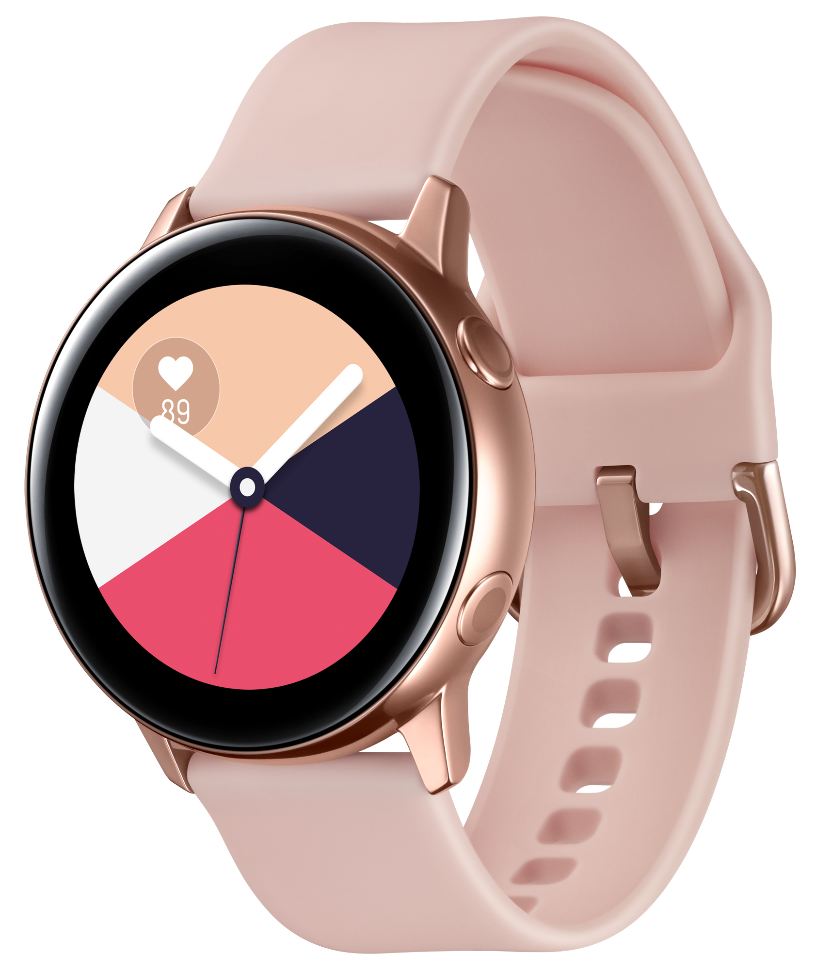 Roségoldene Smartwatch mit pinkfarbenem Armband. Der Bildschirm zeigt Herzfrequenz und Farbanzeige.