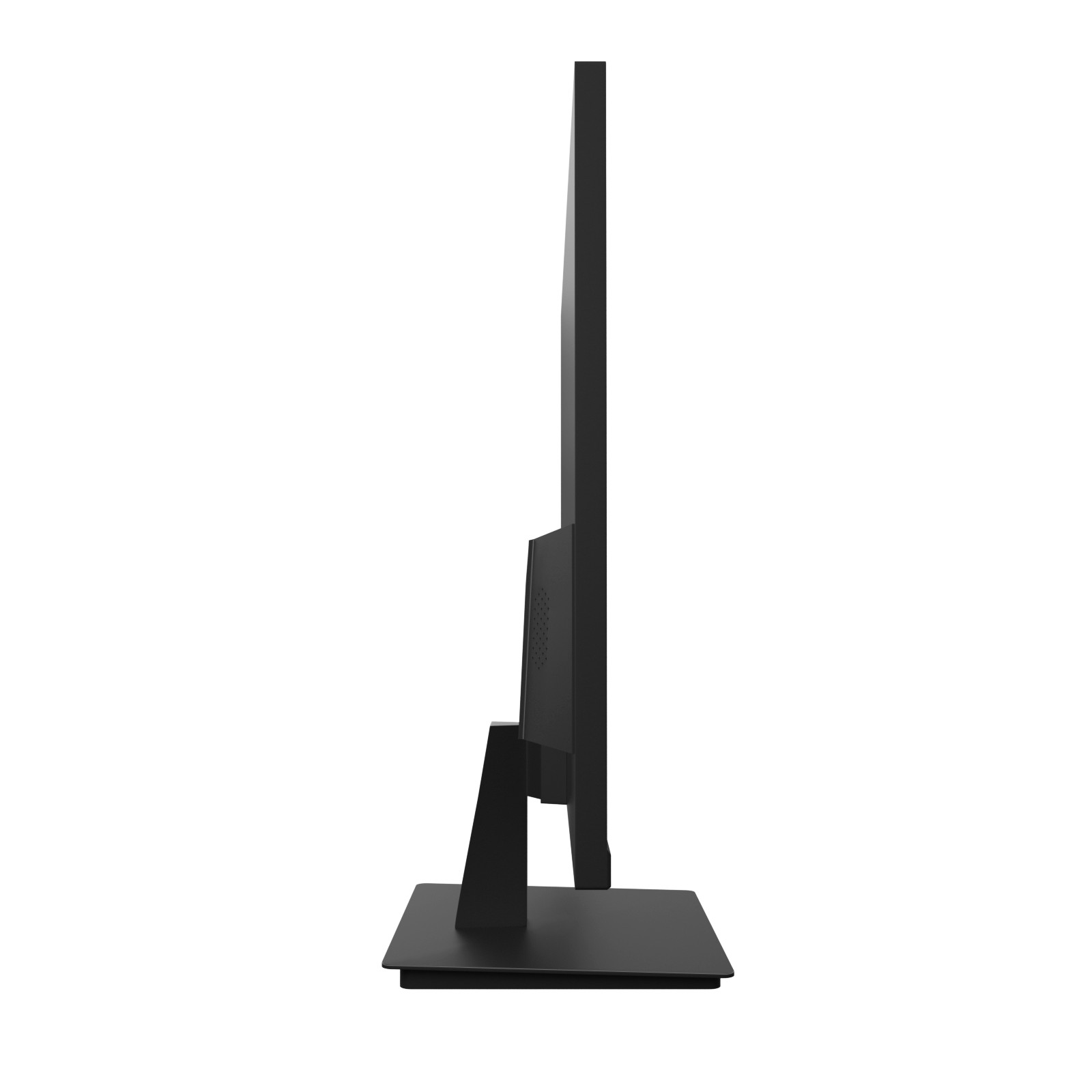 Een zwarte monitor van de zijkant, met een standaard, op een witte achtergrond. Het is dun en modern.