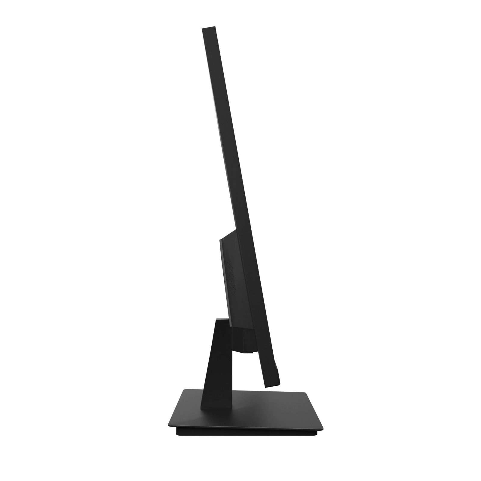 Zwarte computermonitor, zijaanzicht, met een standaard, geïsoleerd op een witte achtergrond.