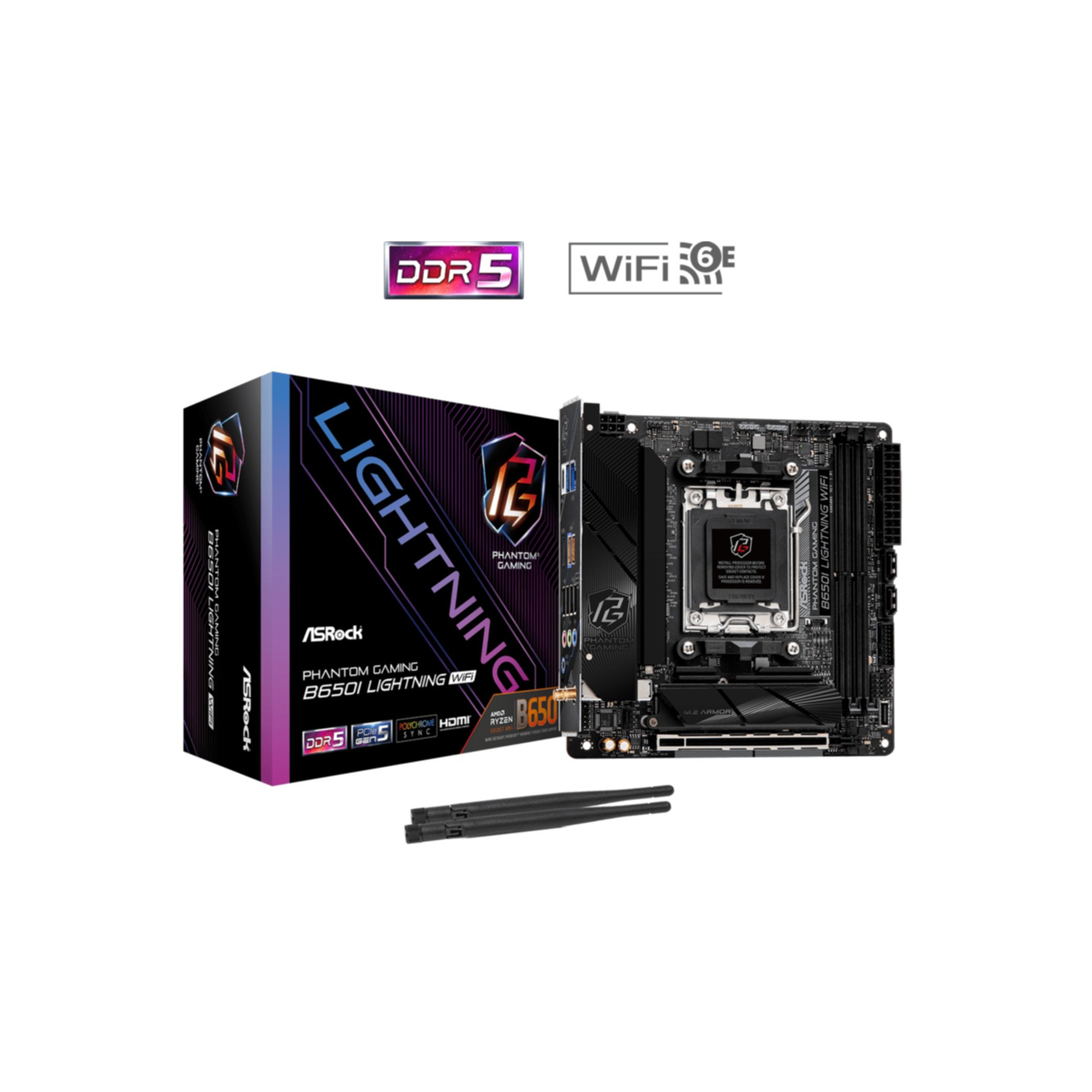 Płyta główna z logo ASRock, z pudełkiem i anteną Wi-Fi.