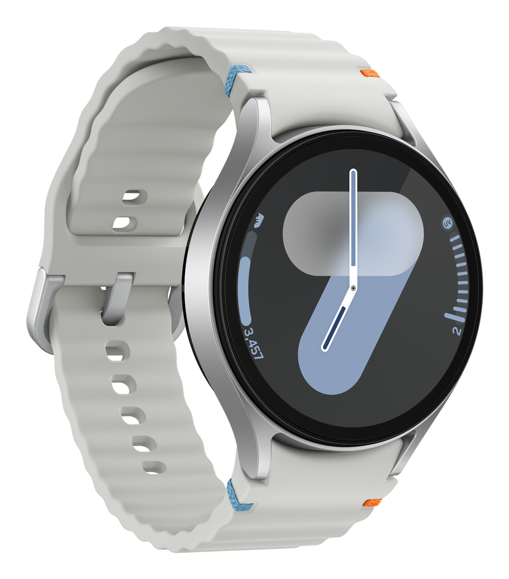 Smartwatch argento con cinturino grigio chiaro, con display con interfaccia blu e bianca.