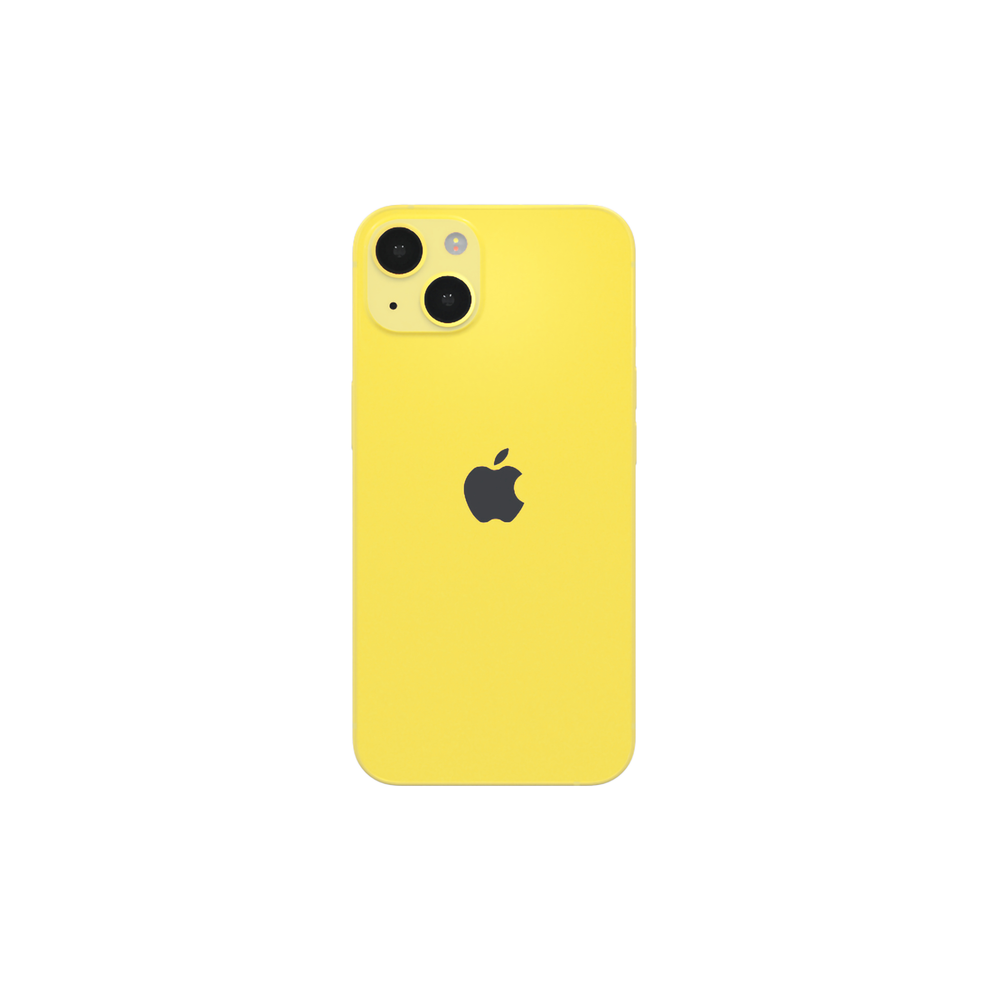 iPhone 13 giallo, vista posteriore, con logo Apple nero e modulo fotocamera, sfondo bianco.