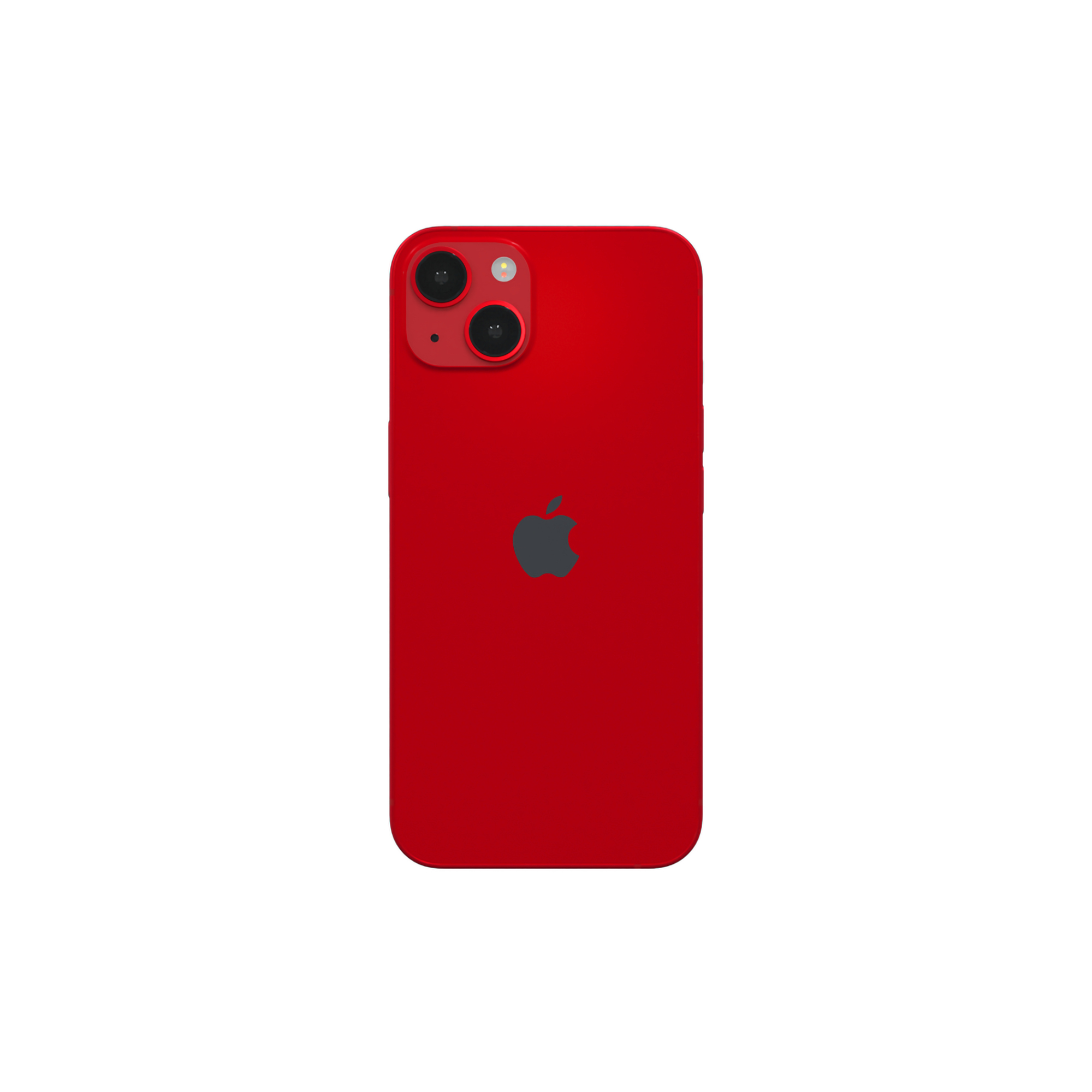 iPhone rosso con logo Apple nero. Il retro ha un sistema a doppia fotocamera.